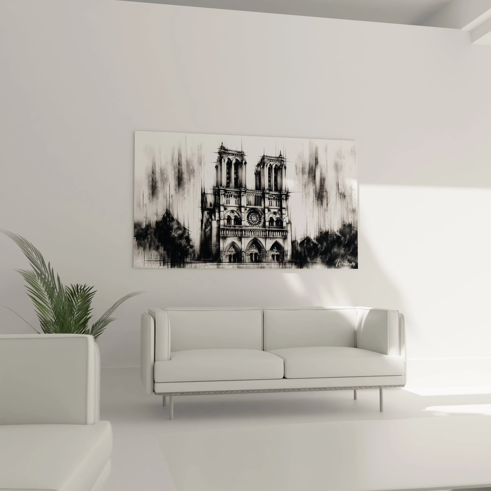 tableau Notre Dame dans un salon, au-dessus d’un canapé, attire le regard avec ses lignes gothiques puissantes et sa palette sobre. Une pièce captivante qui apporte histoire et sophistication.