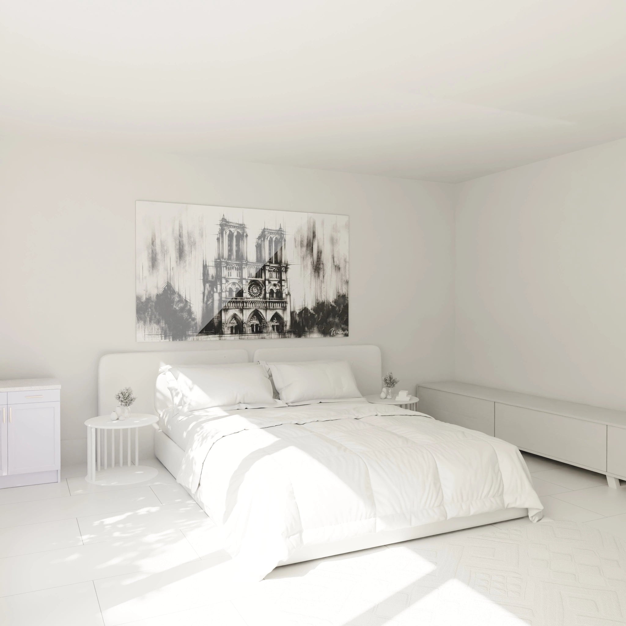 tableau Notre Dame au-dessus d’un lit dans une chambre évoque calme et élégance. Les contrastes noirs et blancs insufflent sérénité et mystère, transformant l’espace en un sanctuaire intemporel.