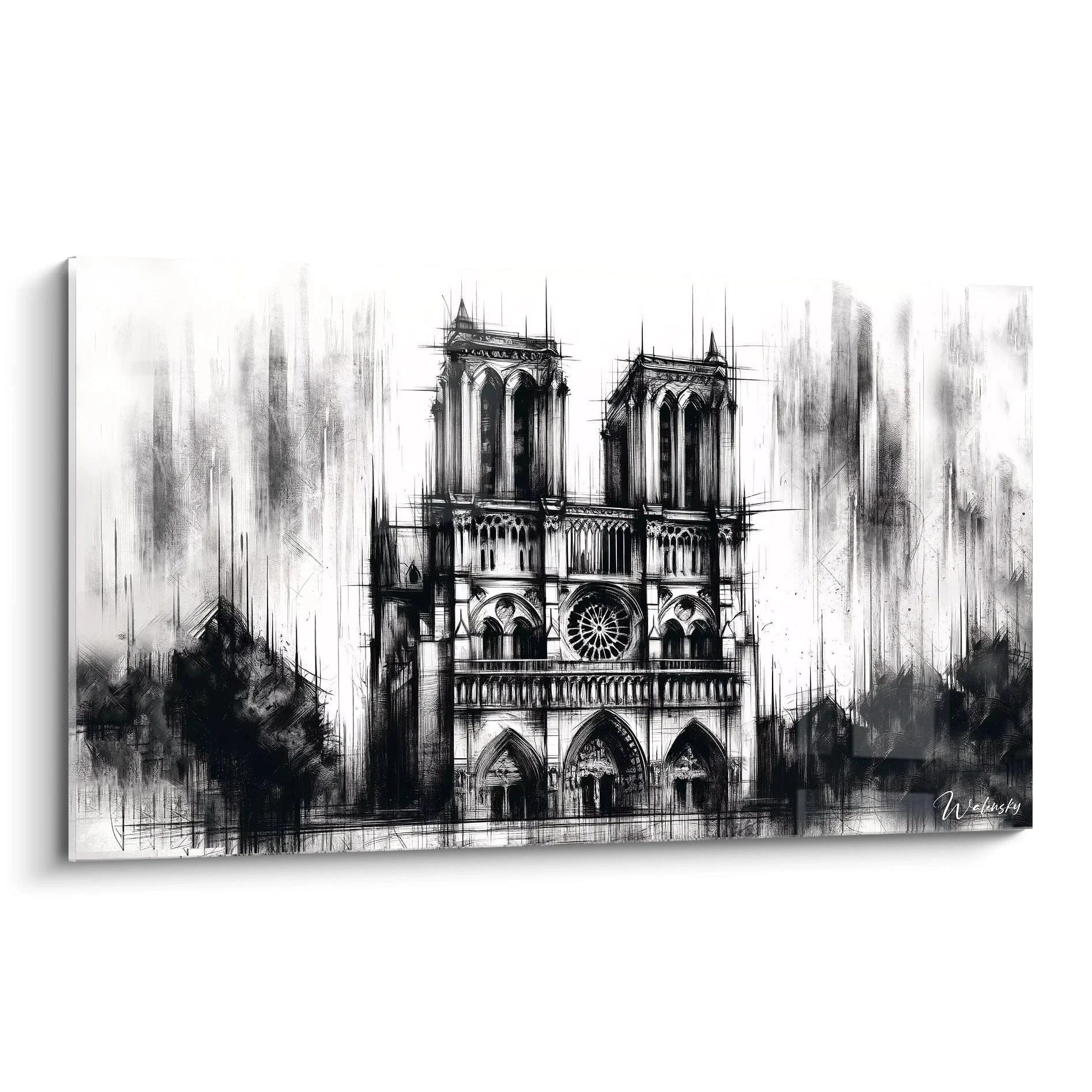 tableau Notre Dame vu de biais révèle les lignes gothiques majestueuses et les détails précis des arches en noir et gris. Une profondeur captivante se dévoile sous les reflets subtils du verre acrylique.