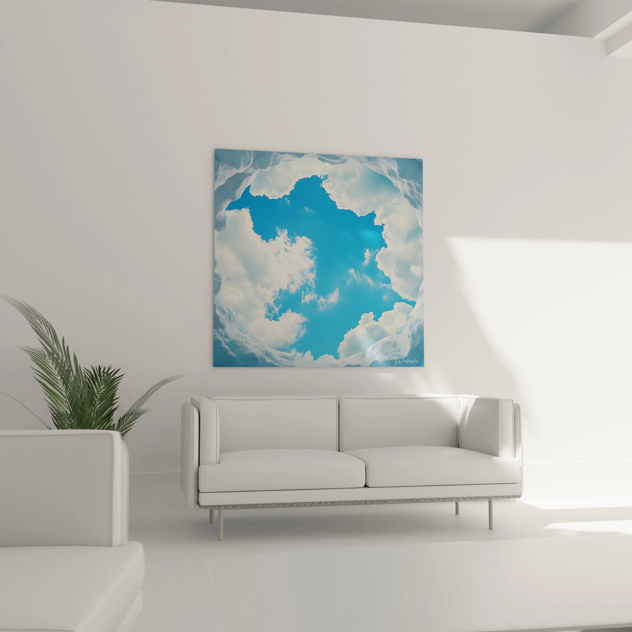 Tableau trompe l'oeil Walensky représentant un ciel bleu avec des nuages blancs en forme artistique