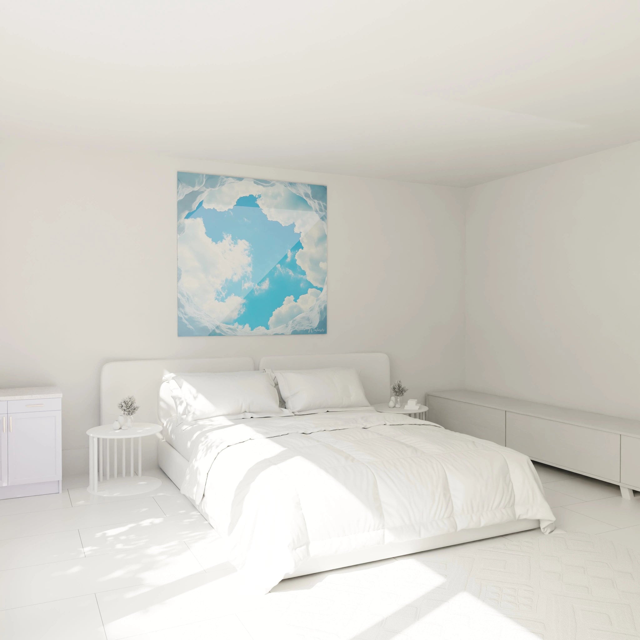 Tableau trompe l'oeil ciel bleu et nuages Walensky accroché dans chambre blanche moderne