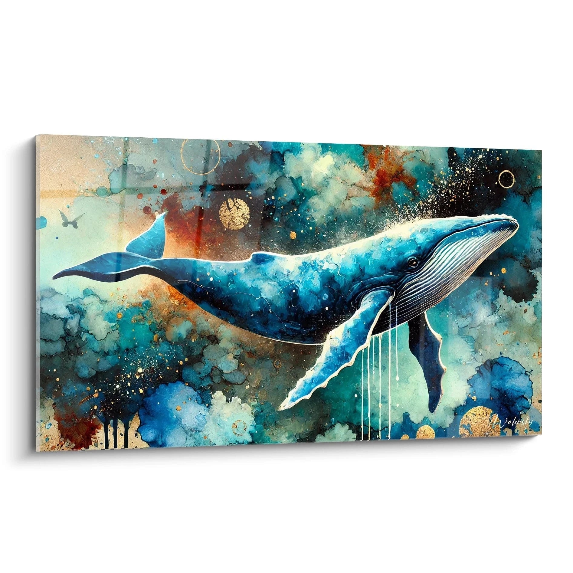 Ce tableau baleine abstrait est parfait pour un décor moderne. Vue de biais, il révèle des éclaboussures de couleurs vives et contrastées qui capturent la majesté de la baleine au milieu d’une mer tourmentée.