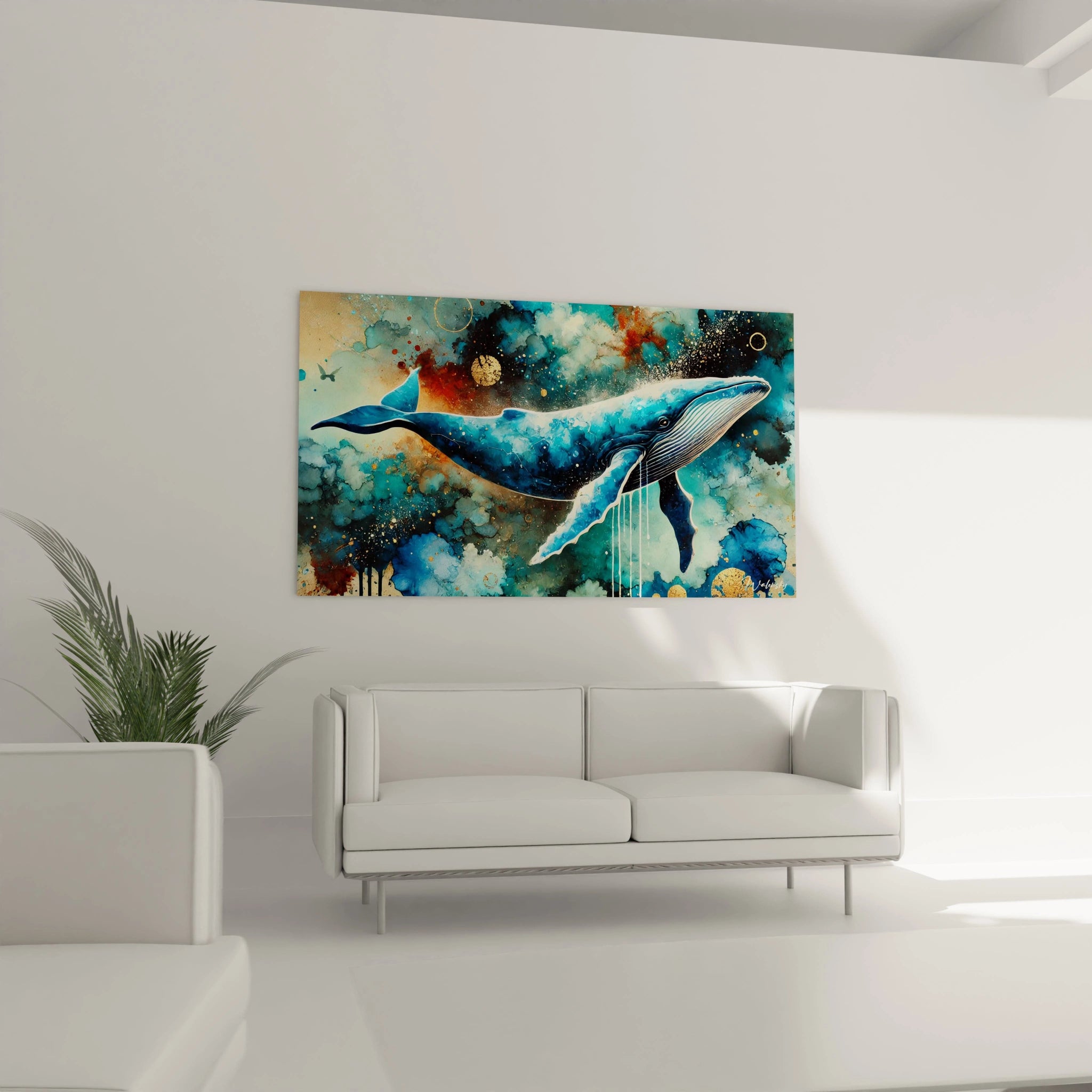 Le tableau baleine, accroché au mur d'un salon, devient un véritable centre d'attention. Sa composition abstraite et ses couleurs vibrantes insufflent une énergie captivante à votre espace de vie.