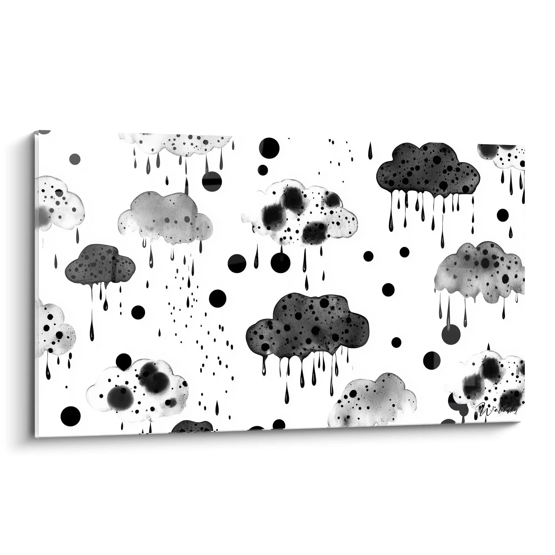 Tableau tacheté noir et blanc de Walensky avec des nuages et des gouttes d'eau artistiques