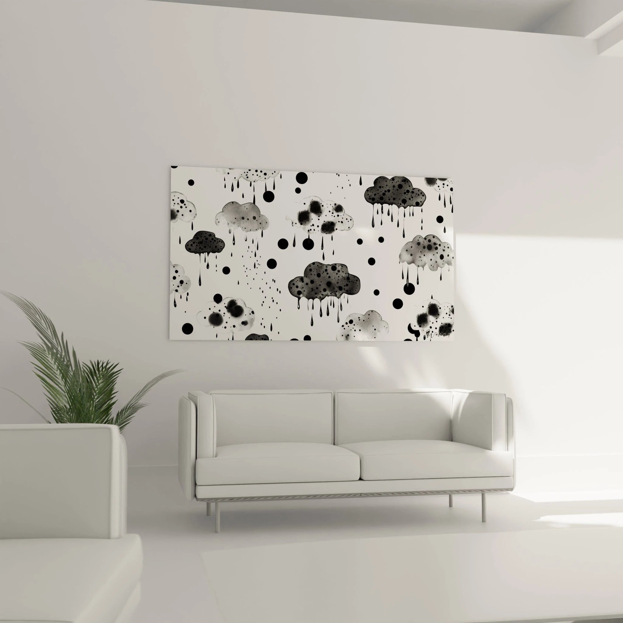 Tableau tacheté noir et blanc de Walensky avec motifs abstraits sur fond clair pour décoration moderne