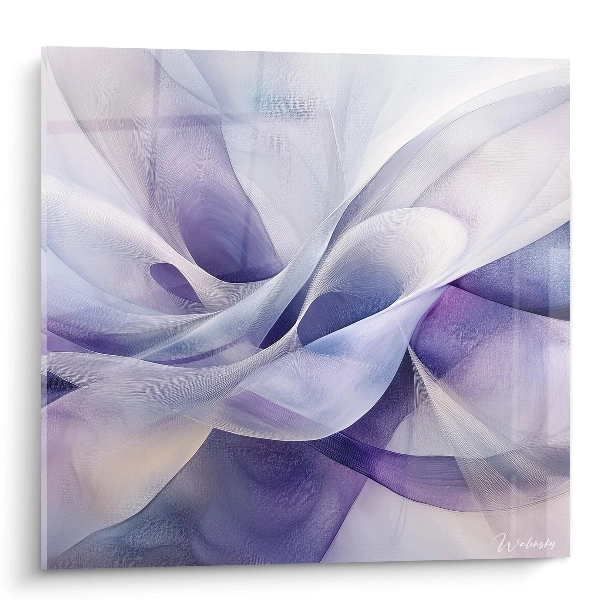 Tableau abstrait en textures douces de couleurs violettes et blanches, création de Walensky