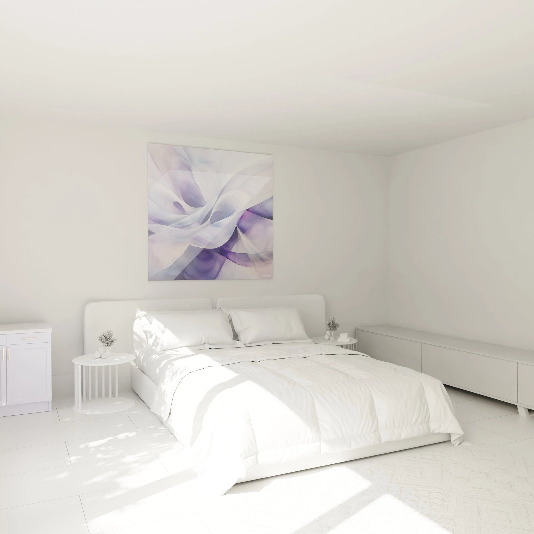 Tableau abstrait de texture en violet et blanc, idéal pour décorer une chambre moderne