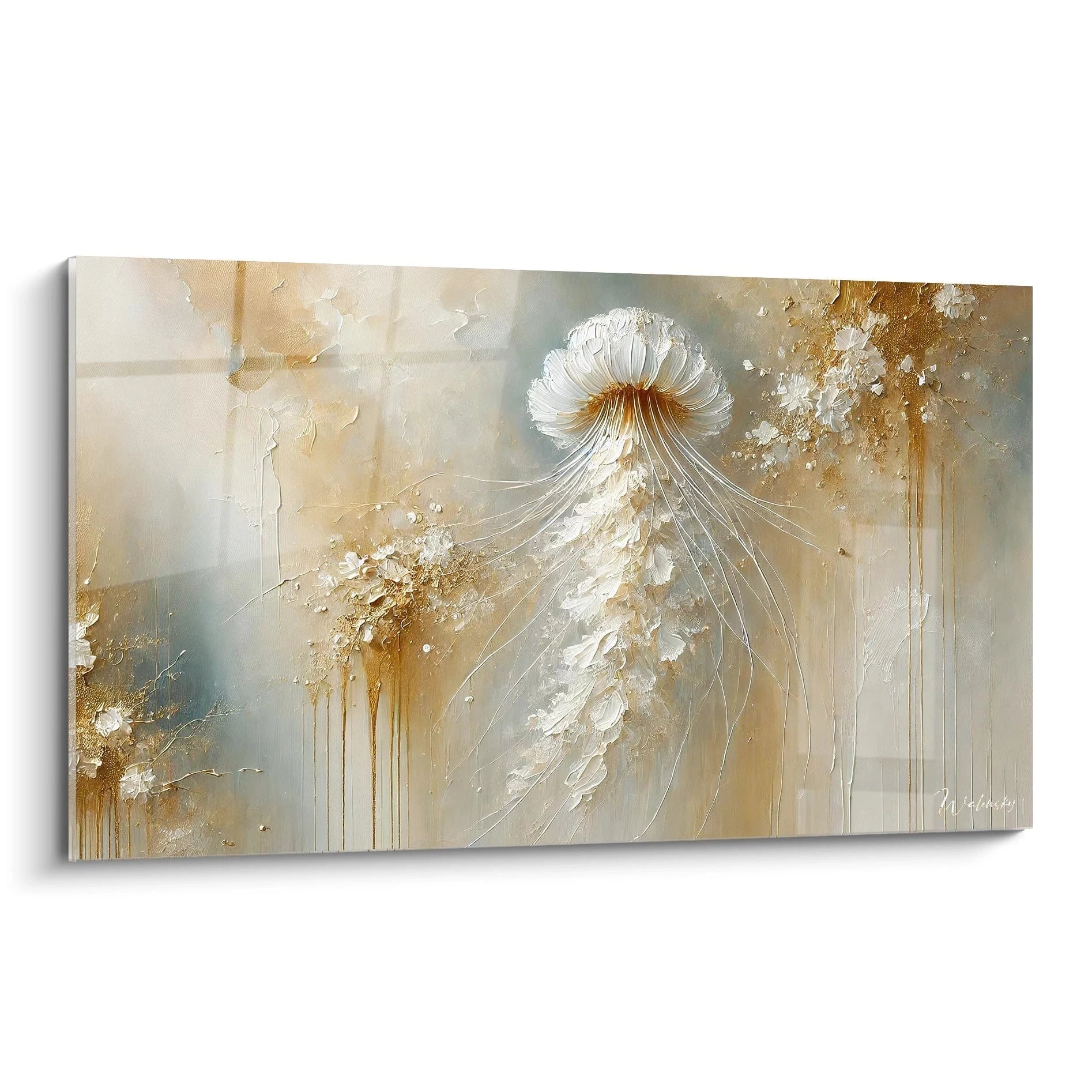 Ce tableau meduse, vu de biais, révèle sa finesse et sa légèreté. Les détails éclatants et le jeu de lumière soulignent l'élégance de cette œuvre unique.