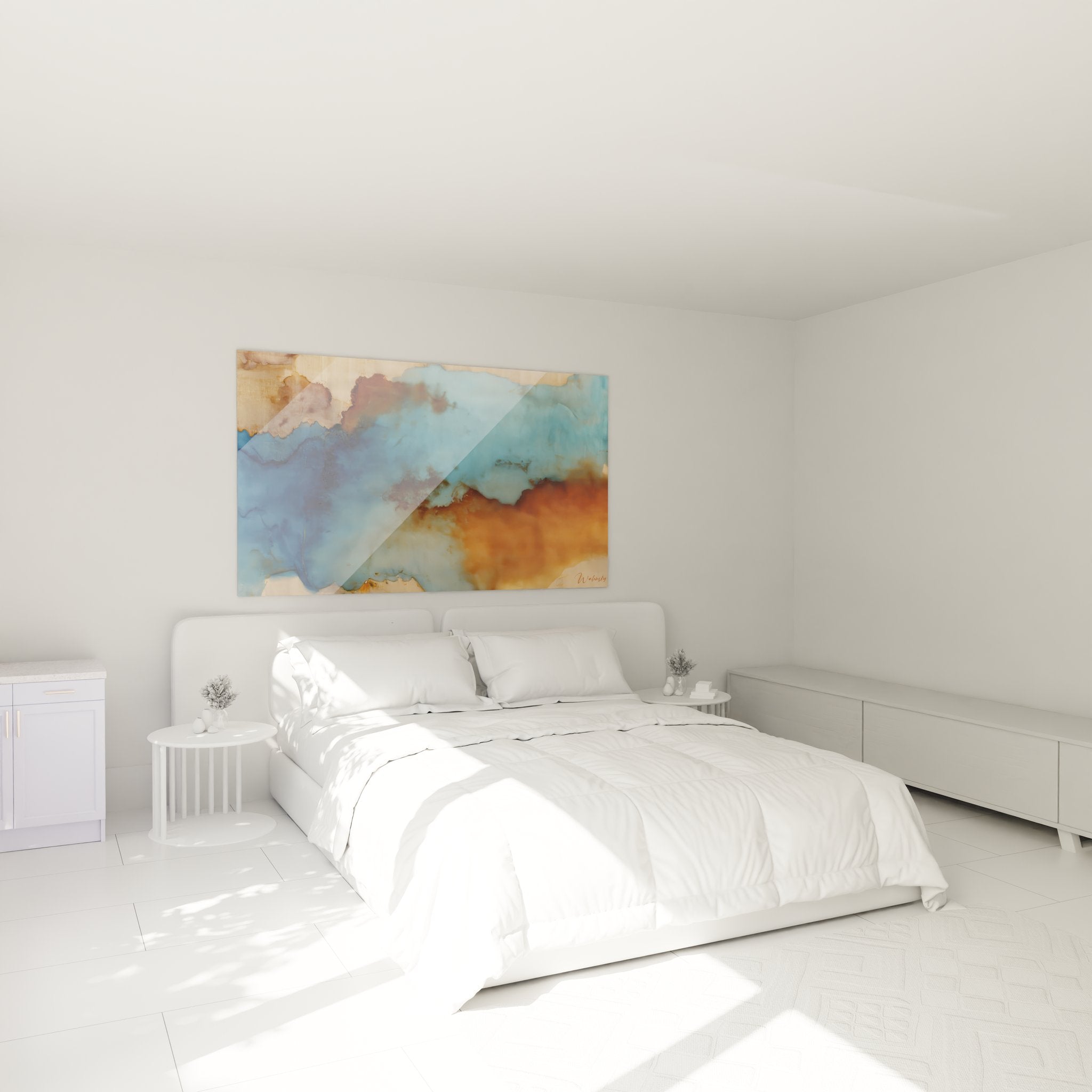 Ambiance chambre avec tableau nuages abstraits bleu orange moderne décoration murale texture abstrait