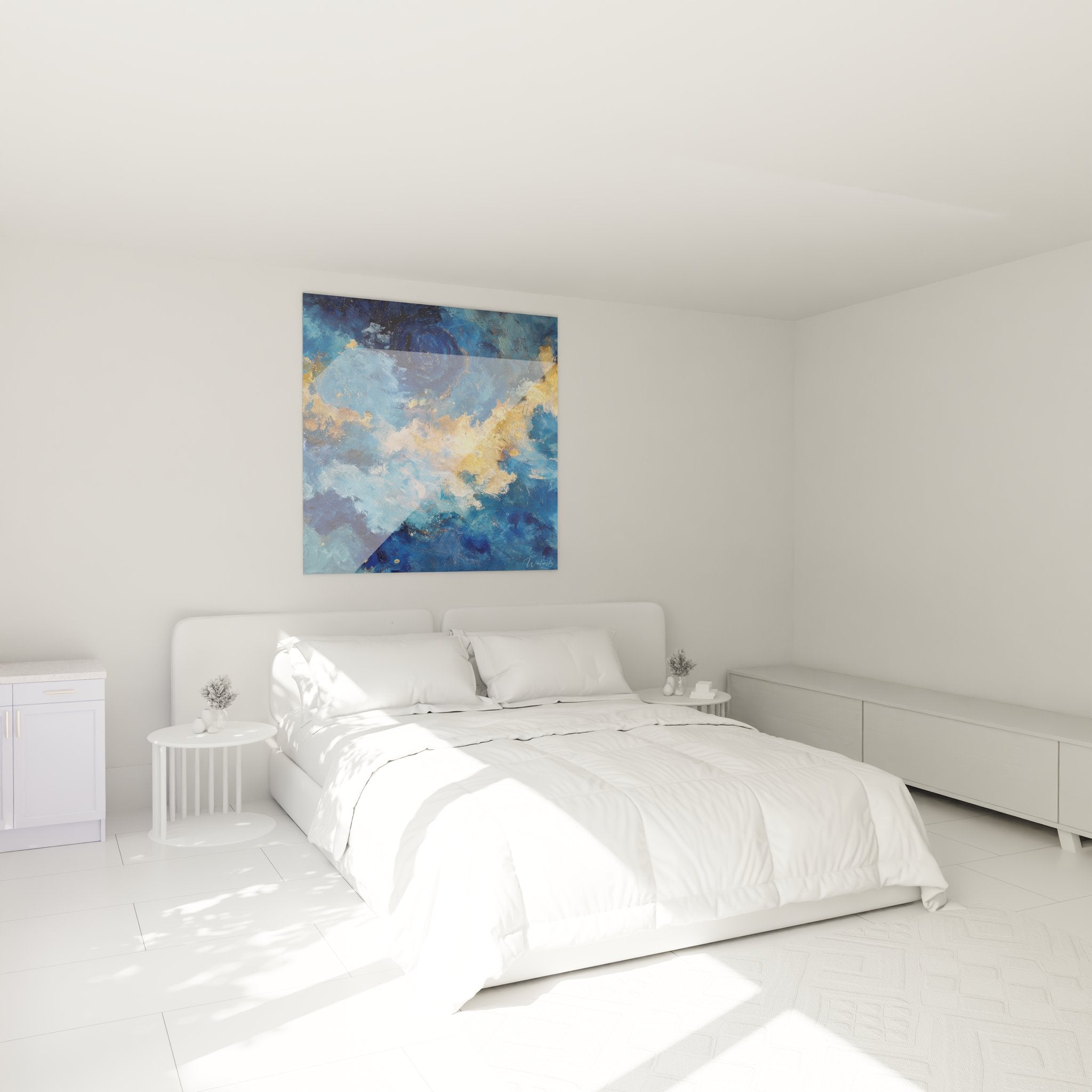 Tableau nuages dorés abstraits décorant chambre ambiance moderne bleu or