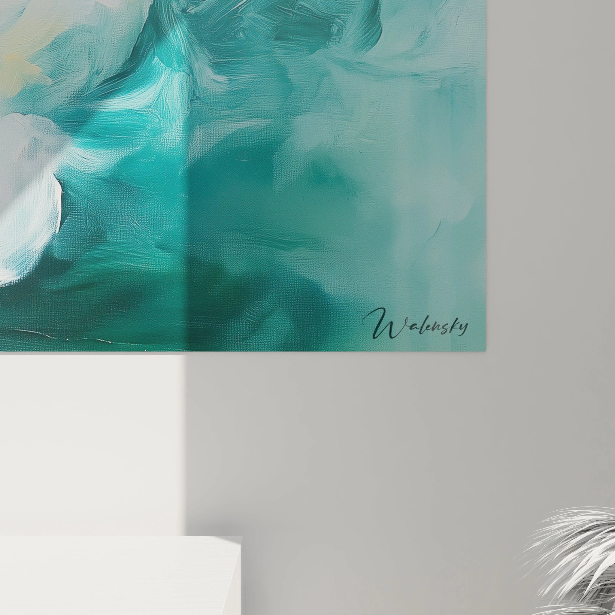 Tableau moderne abstrait de Walensky avec des teintes turquoise et blanches pour une décoration contemporaine