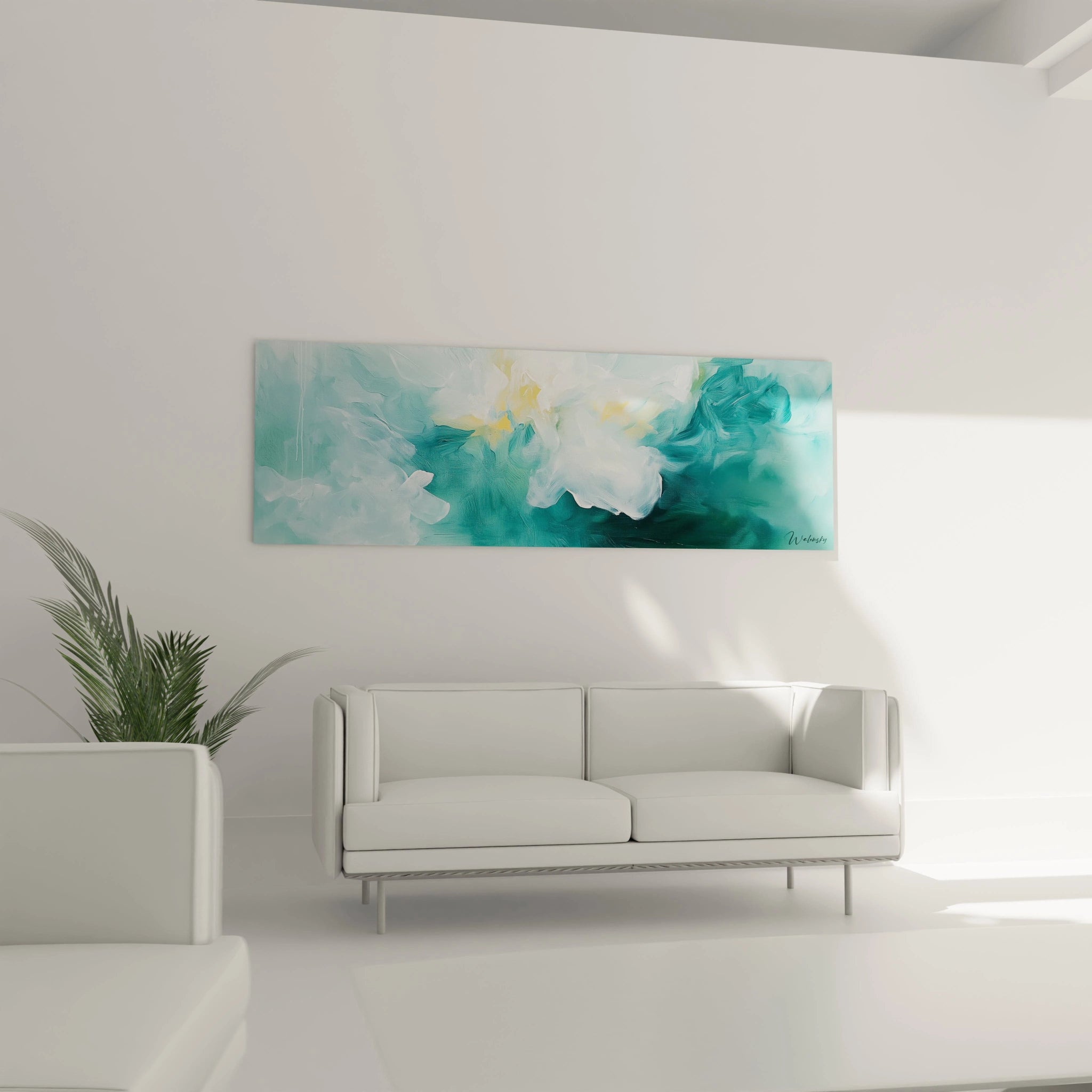 Tableau moderne abstrait Walensky en bleu et blanc, décorant un salon moderne minimaliste