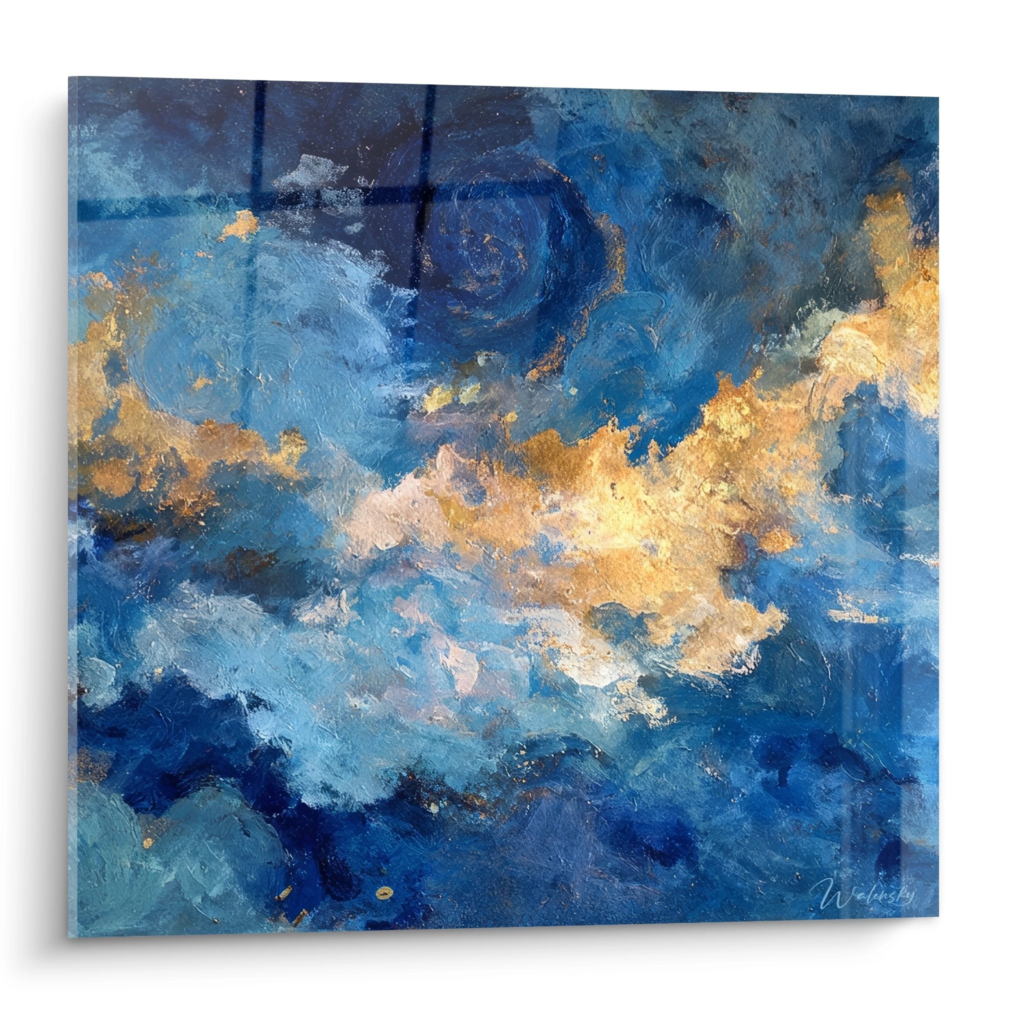Tableau mural abstrait nuages dorés bleus tempête céleste art moderne décoratif