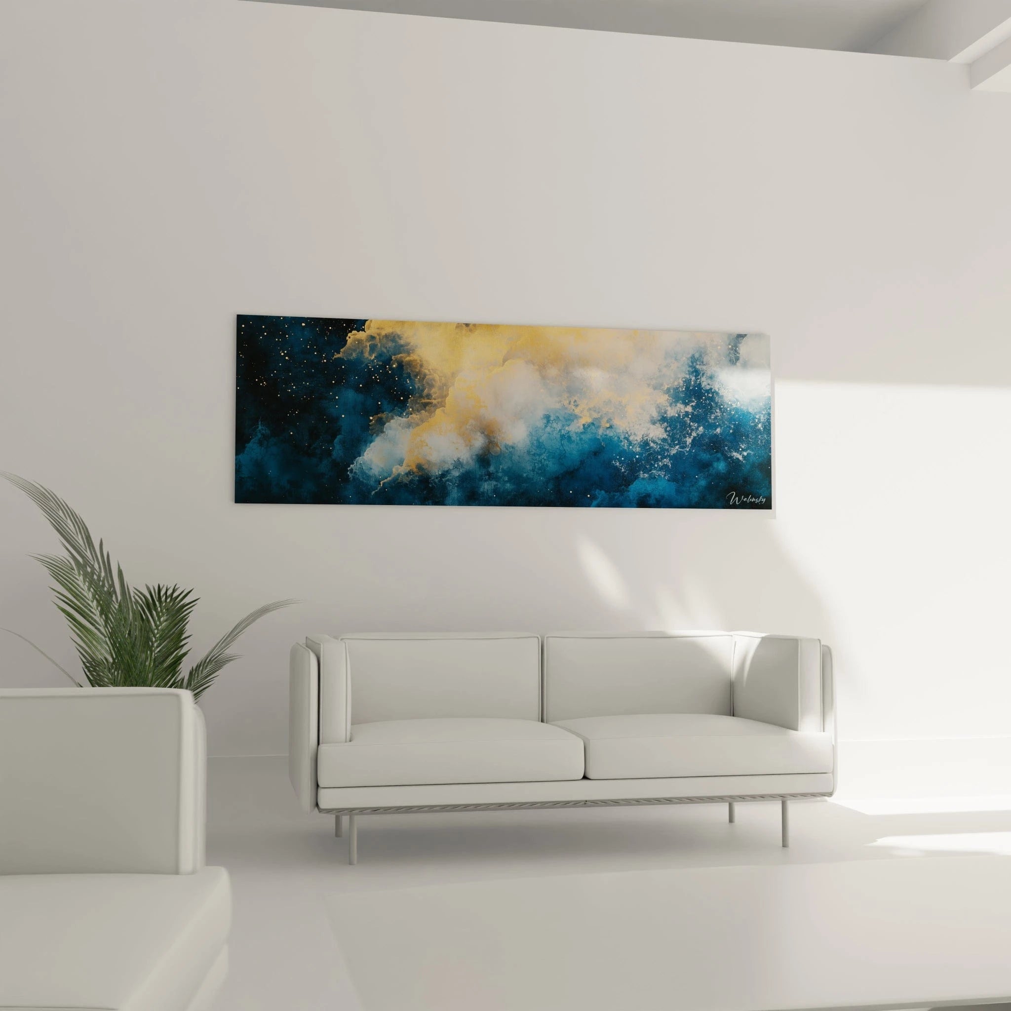 Tableau expressionniste abstrait de Walensky avec des nuages bleus et dorés sur fond clair