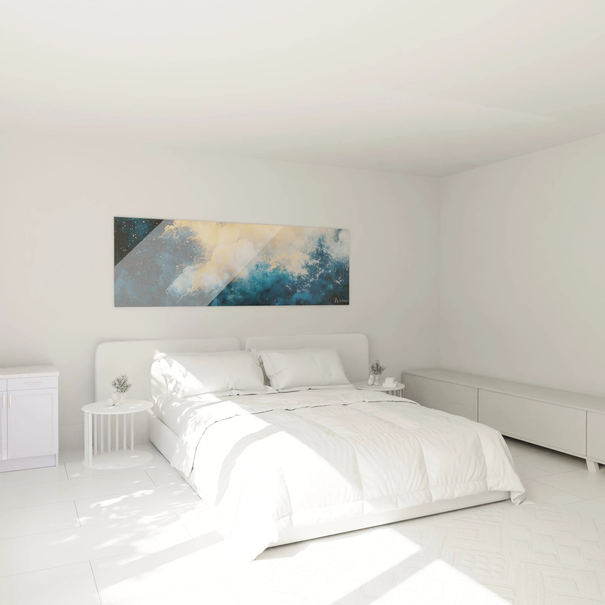 Tableau expressionniste abstrait de Walensky avec des nuances de bleu et des touches dorées dans une chambre moderne