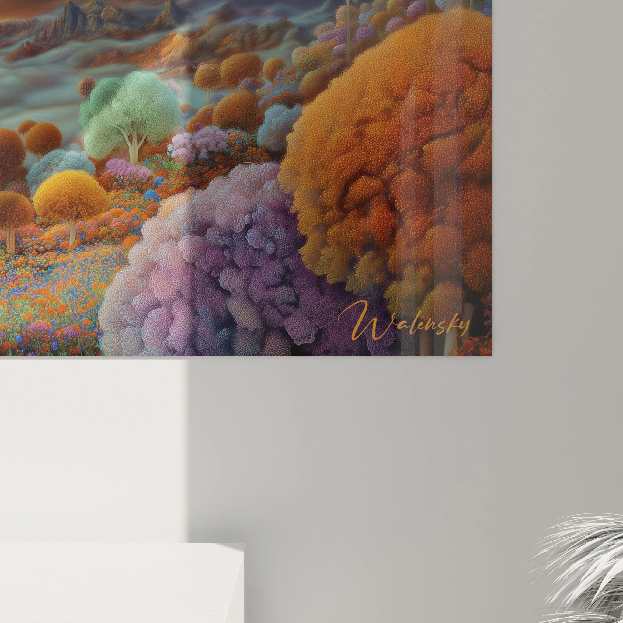 tableau surréaliste murale Walensky montrant un paysage onirique coloré avec arbres texturés orange et violet, signature visible
