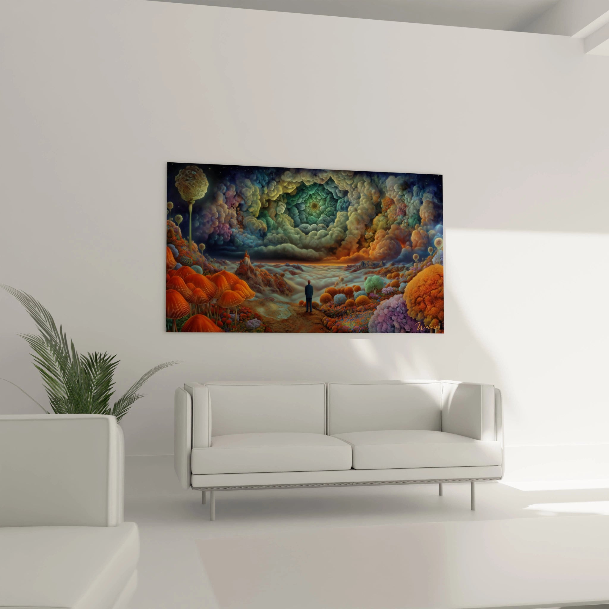 Walensky tableau surréaliste murale coloré accroché au-dessus d'un canapé blanc dans un salon moderne