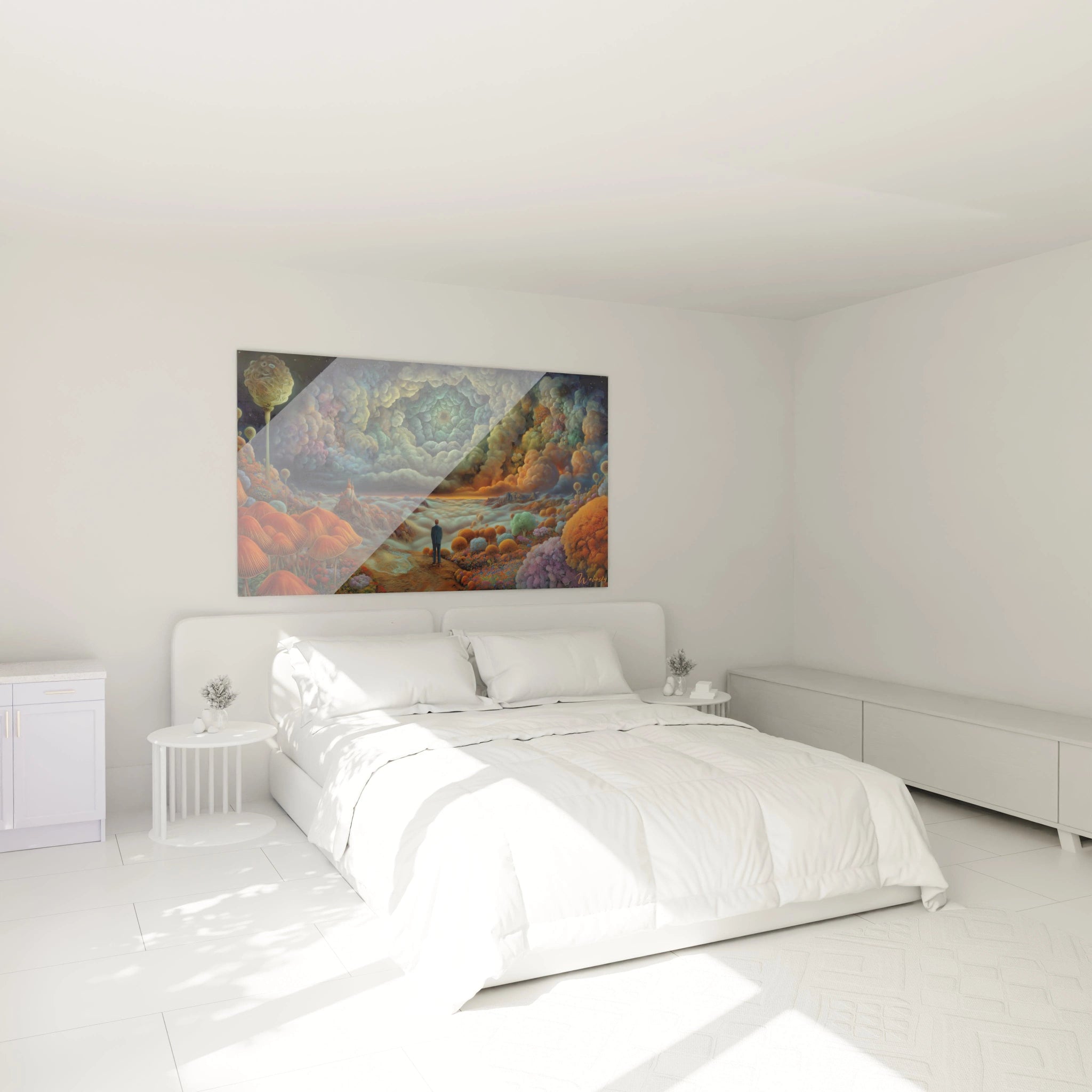 Chambre minimaliste avec lit blanc et tableau surréaliste murale Walensky coloré au dessus du lit