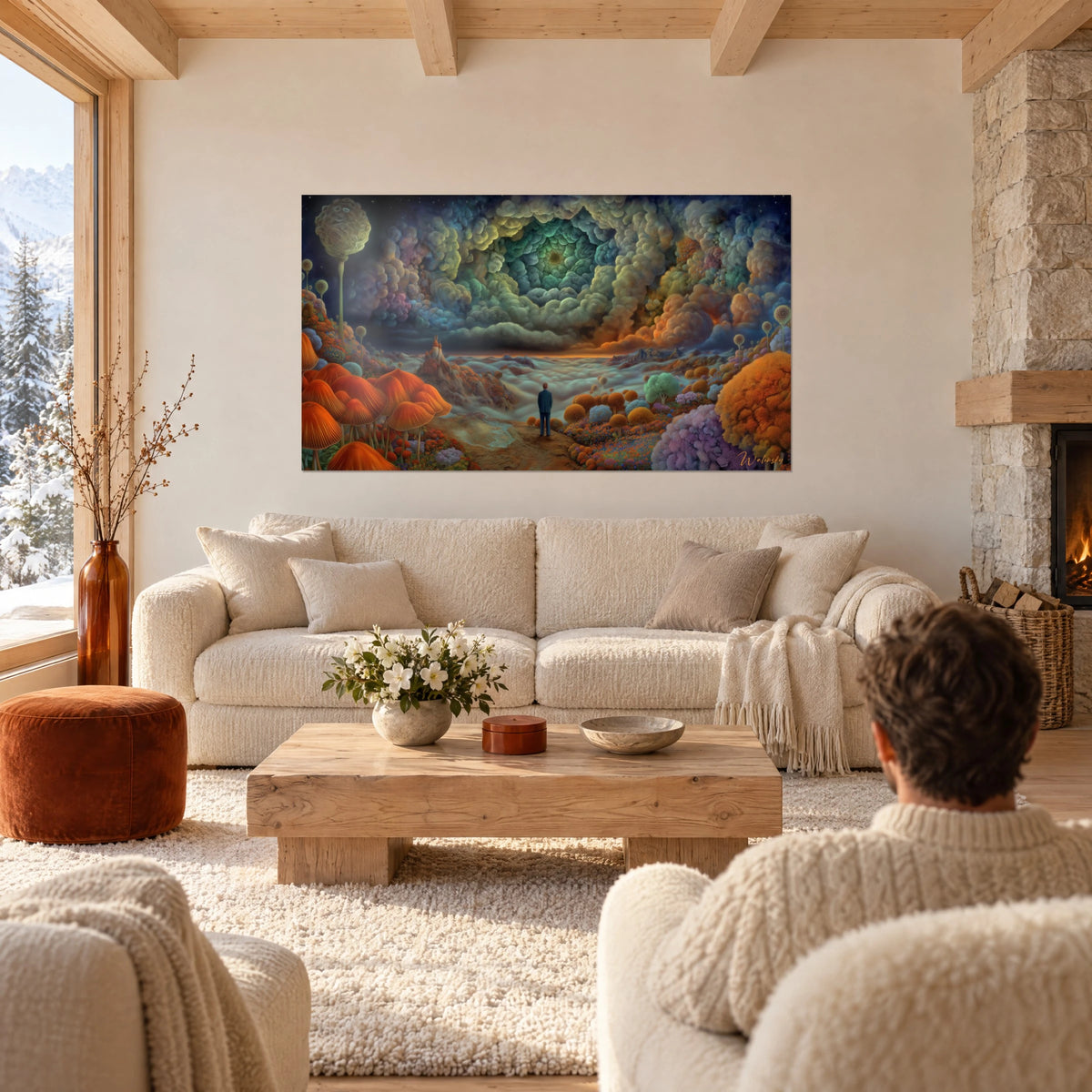 Tableau paysage onirique de nuages en spirale verte et orange, deux personnes de dos au-dessus d'un canapé dans un salon lumineux