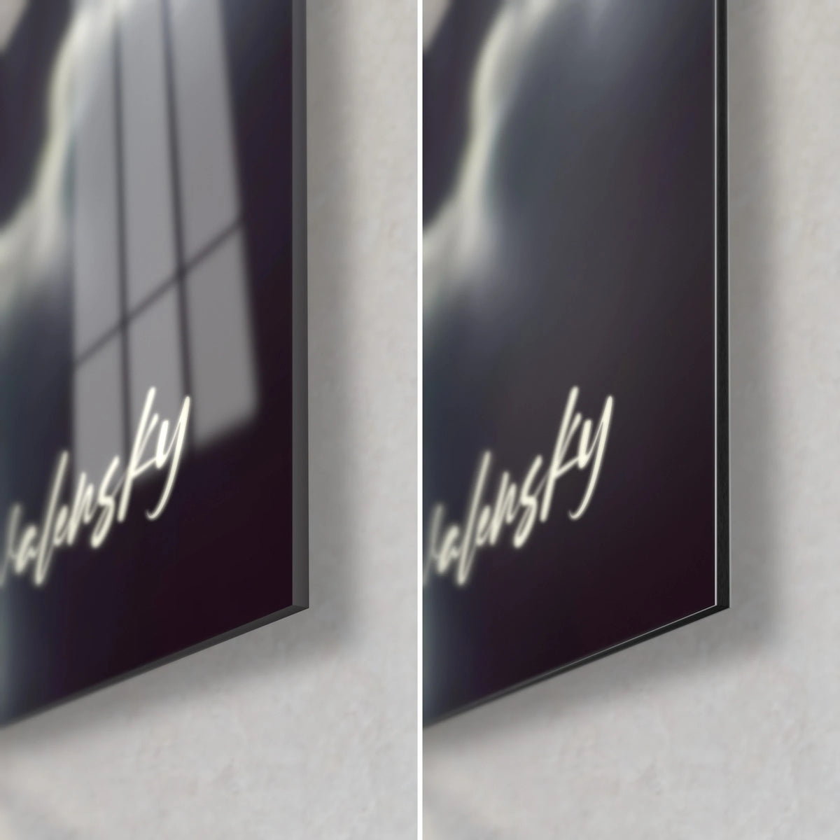 Wall art crescent moon and deep black clouds, bottom right corner: glossy glass with reflections, matte Dibond, 3 mm edge