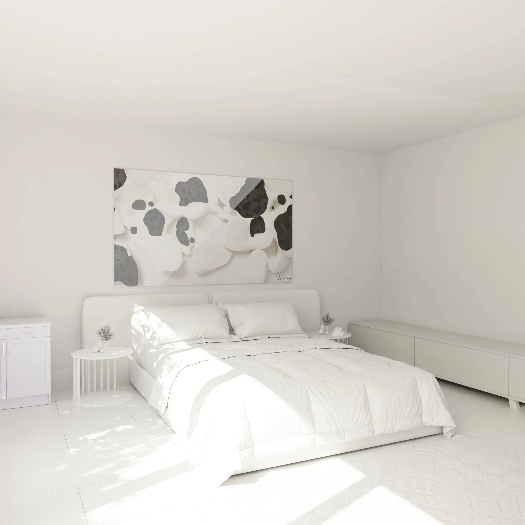 Tableau tacheté noir et blanc Walensky accroché au mur d'une chambre moderne et lumineuse