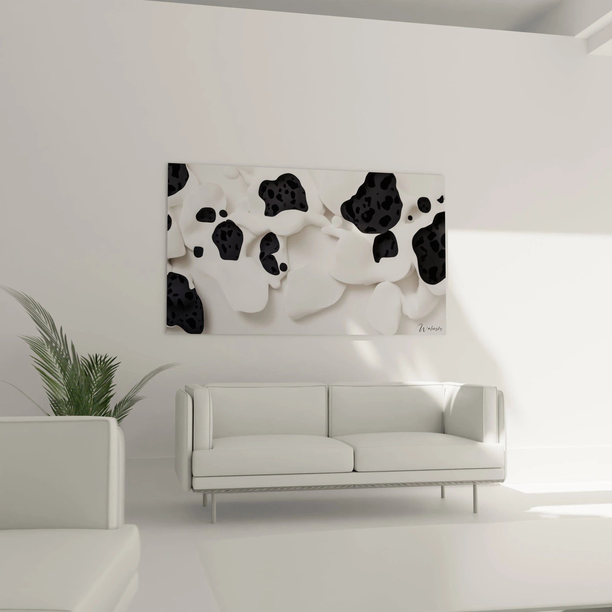 Tableau tacheté noir et blanc de Walensky, décor moderne pour un salon contemporain