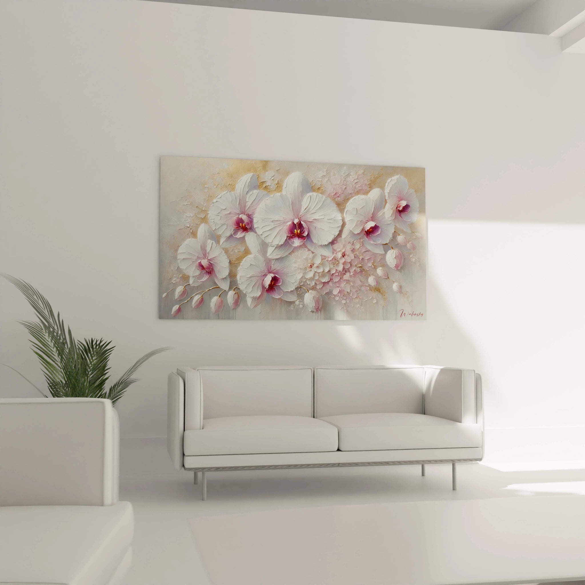 Tableau Orchidée dans un salon, suspendu au-dessus d un canapé, offrant un effet de légèreté et de douceur. Les pétales texturés créent un point focal lumineux et harmonieux pour tout intérieur.