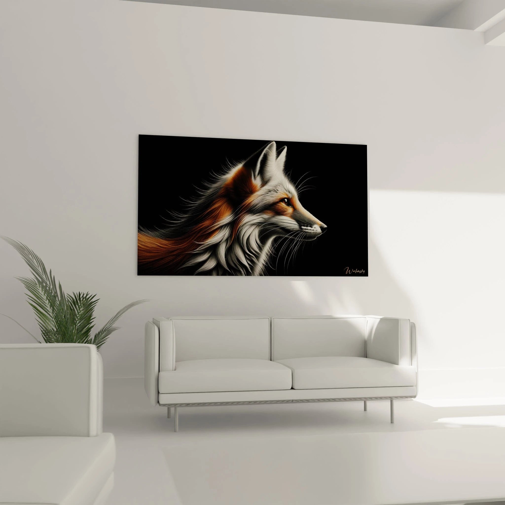 Un tableau d'animal montrant un renard en vue latérale au pelage richement texturé. Les poils blancs, roux et noirs sont rendus avec un grand réalisme, chaque mèche semblant captée dans un léger mouvement. Le contraste entre les différentes couleurs du pelage met en valeur l'anatomie de l'animal sur fond noir profond.