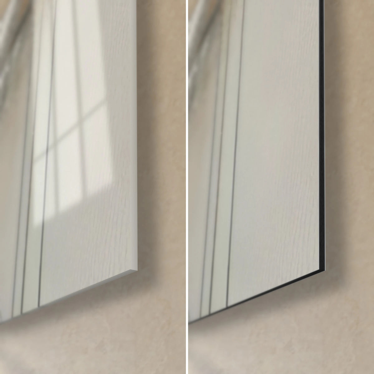 Quadro con un turbine di pittura blu acciaio e bianco, angolo in basso a destra in vetro lucido e Dibond nero opaco, spessore 3 mm
