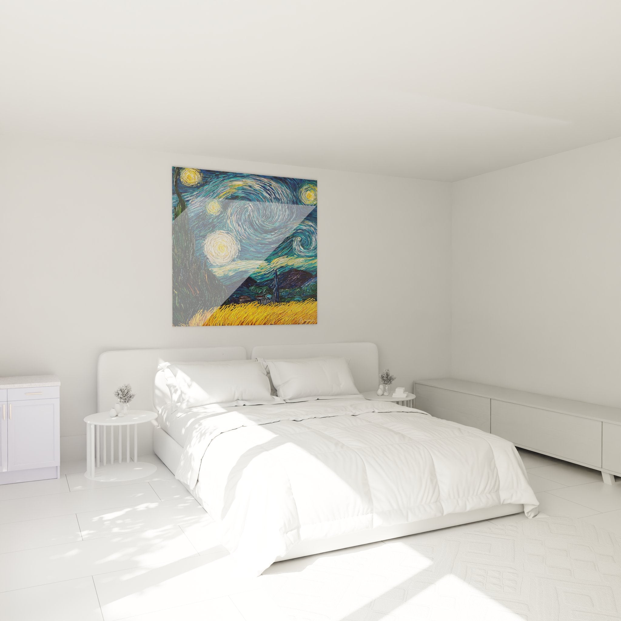 Tableau nuit étoilée tourbillonnante décorant une chambre moderne avec ambiance artistique apaisante