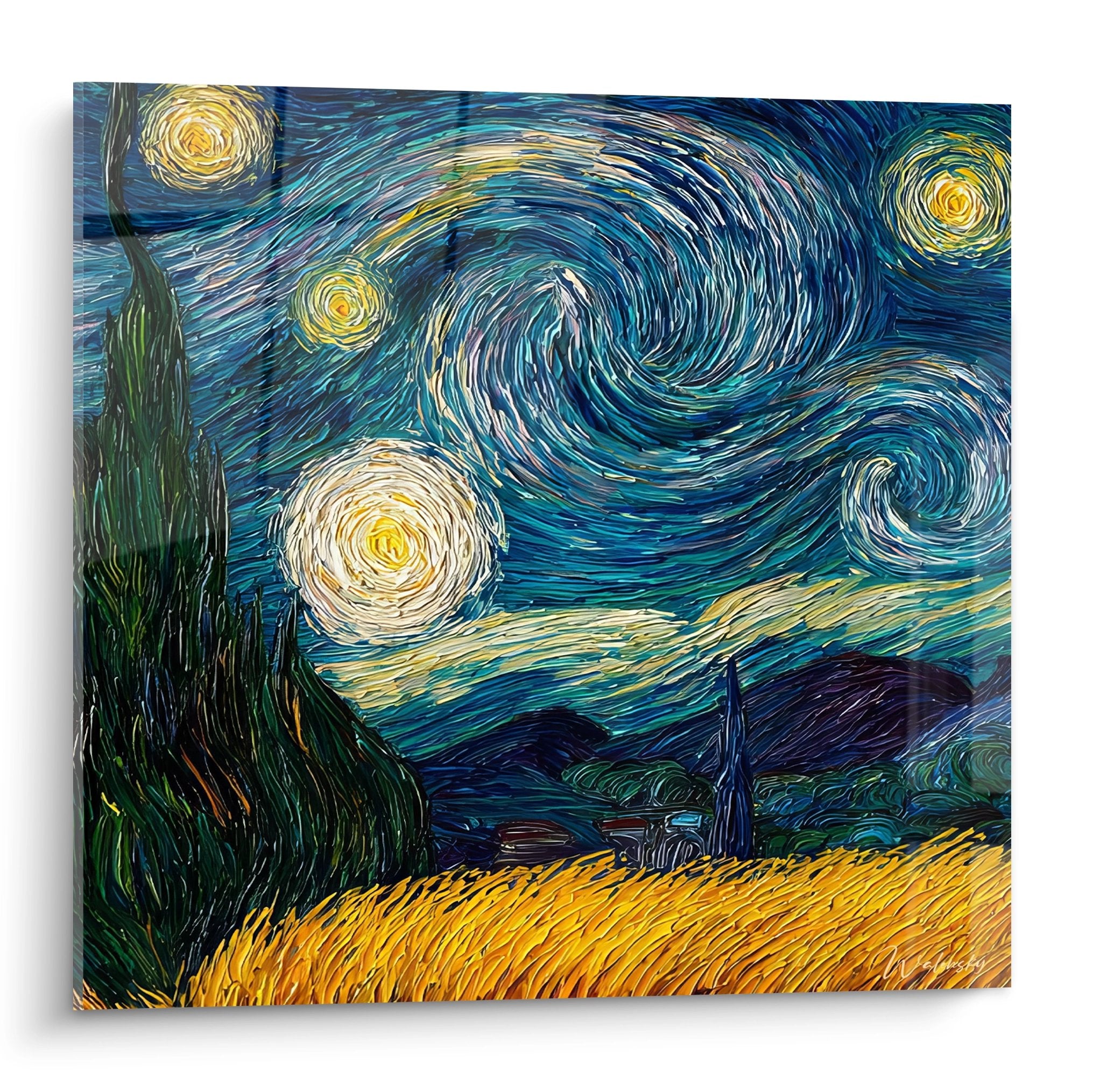 Tableau mural nuit étoilée avec tourbillons bleus et étoiles dorées style Van Gogh pour décoration artistique