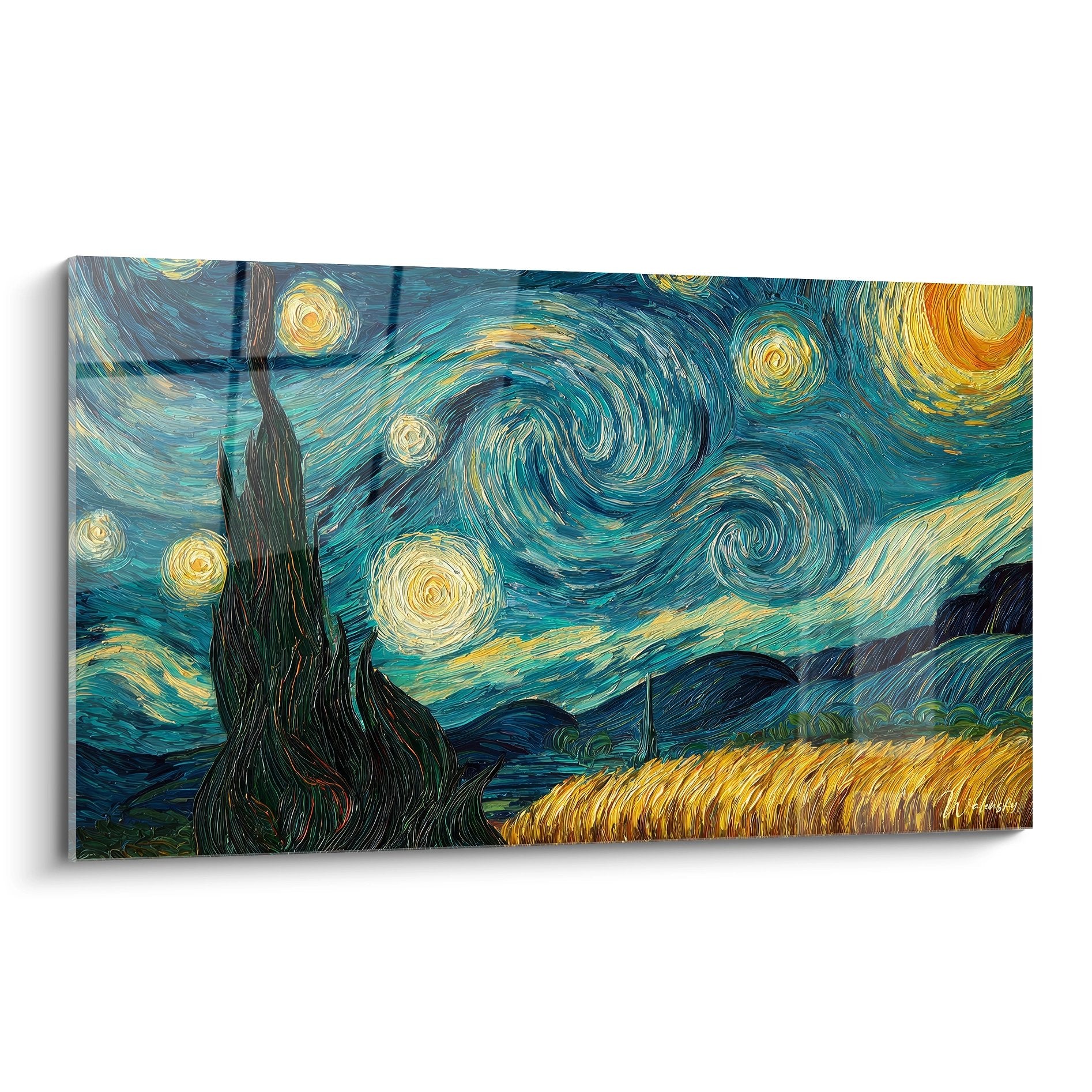 Tableau mural nuit étoilée avec tourbillons bleus dorés et cyprès sombre, style post-impressionniste