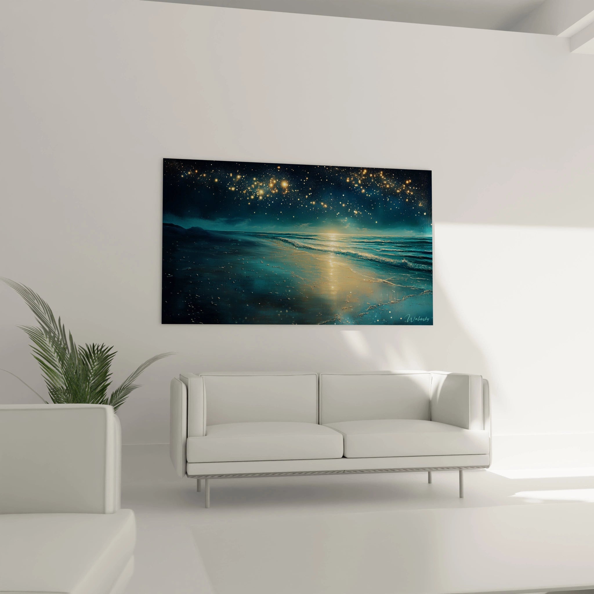 Un tableau plage abstrait avec un ciel bleu nuit constellé d'étoiles lumineuses dorées formant une voie lactée, un horizon bas séparant le ciel de l'océan turquoise aux reflets dorés, textures fluides et effets de lumière scintillants.