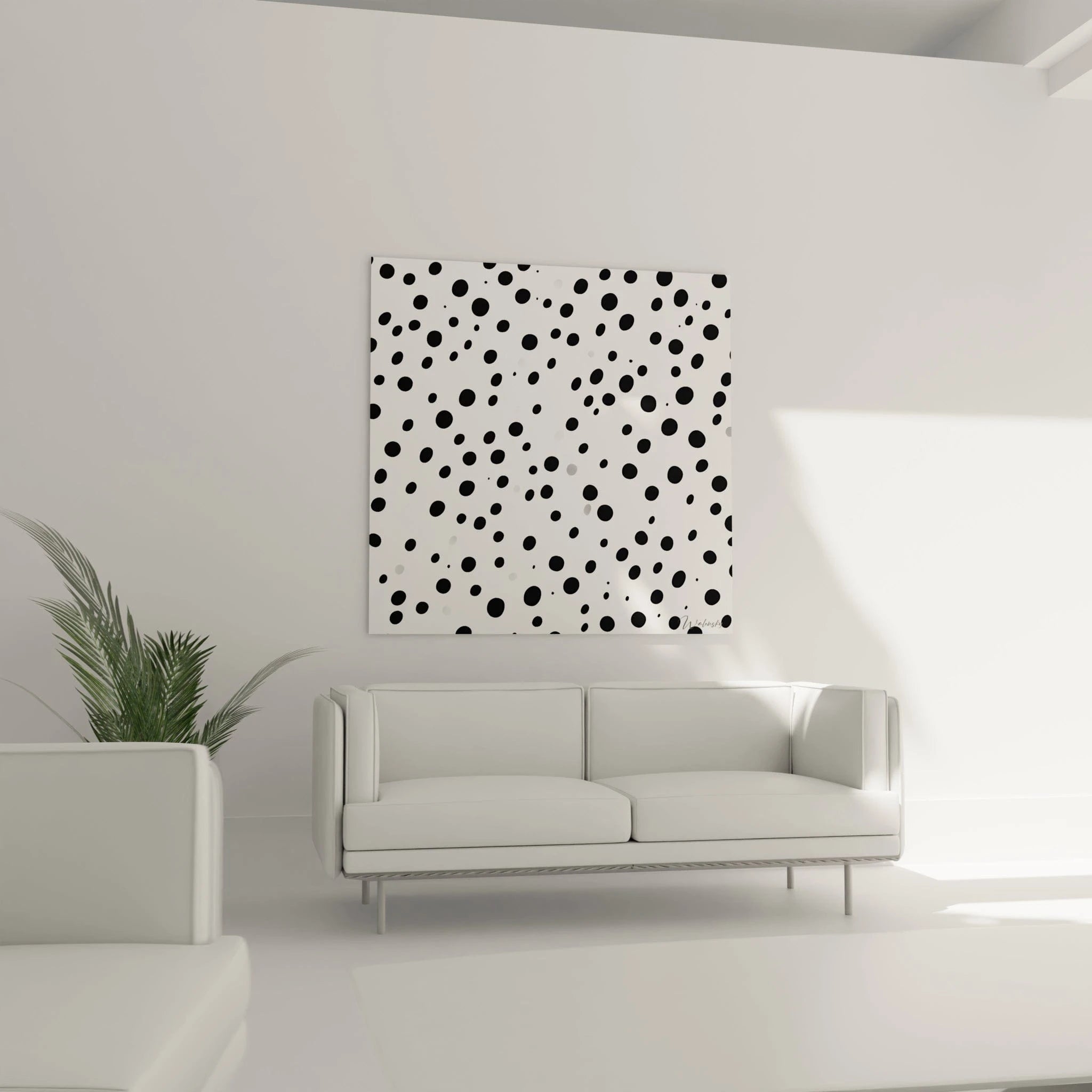 Tableau tacheté noir et blanc Walensky accroché au mur dans un salon moderne