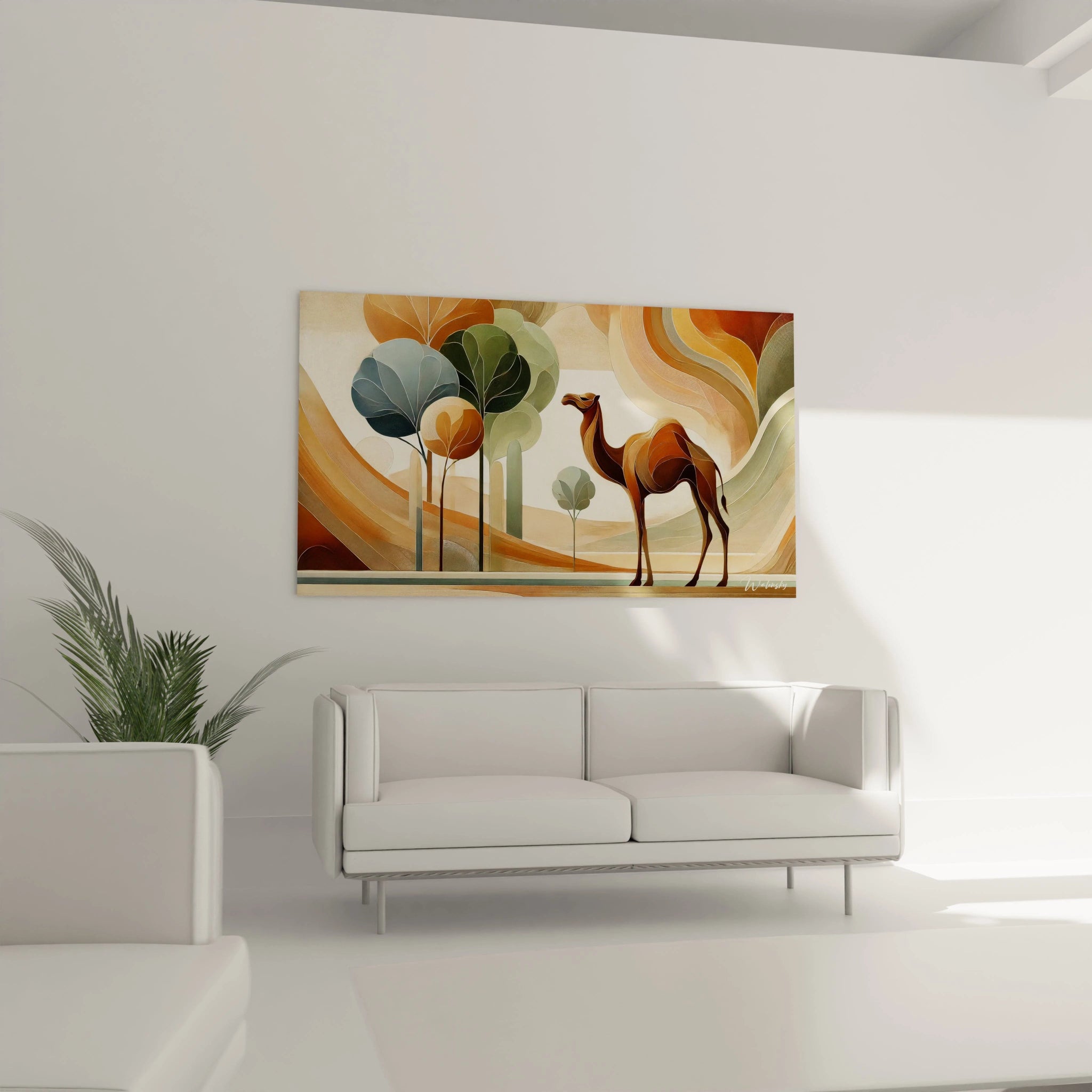 tableau dromadaire dans un salon accroche au dessus du canape chaleur douce des tons marron et beige paysage desertique aux formes organiques cree un univers apaisant et poetique dans votre interieur