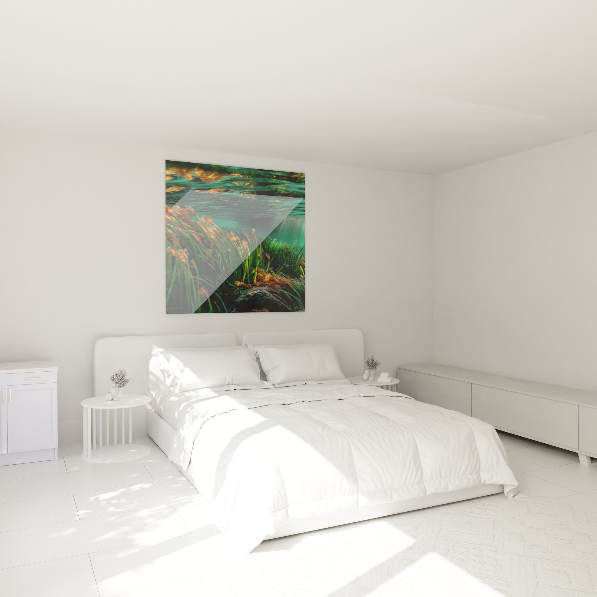 Tableau oasis cristalline décorant chambre moderne avec ambiance zen et couleurs naturelles apaisantes