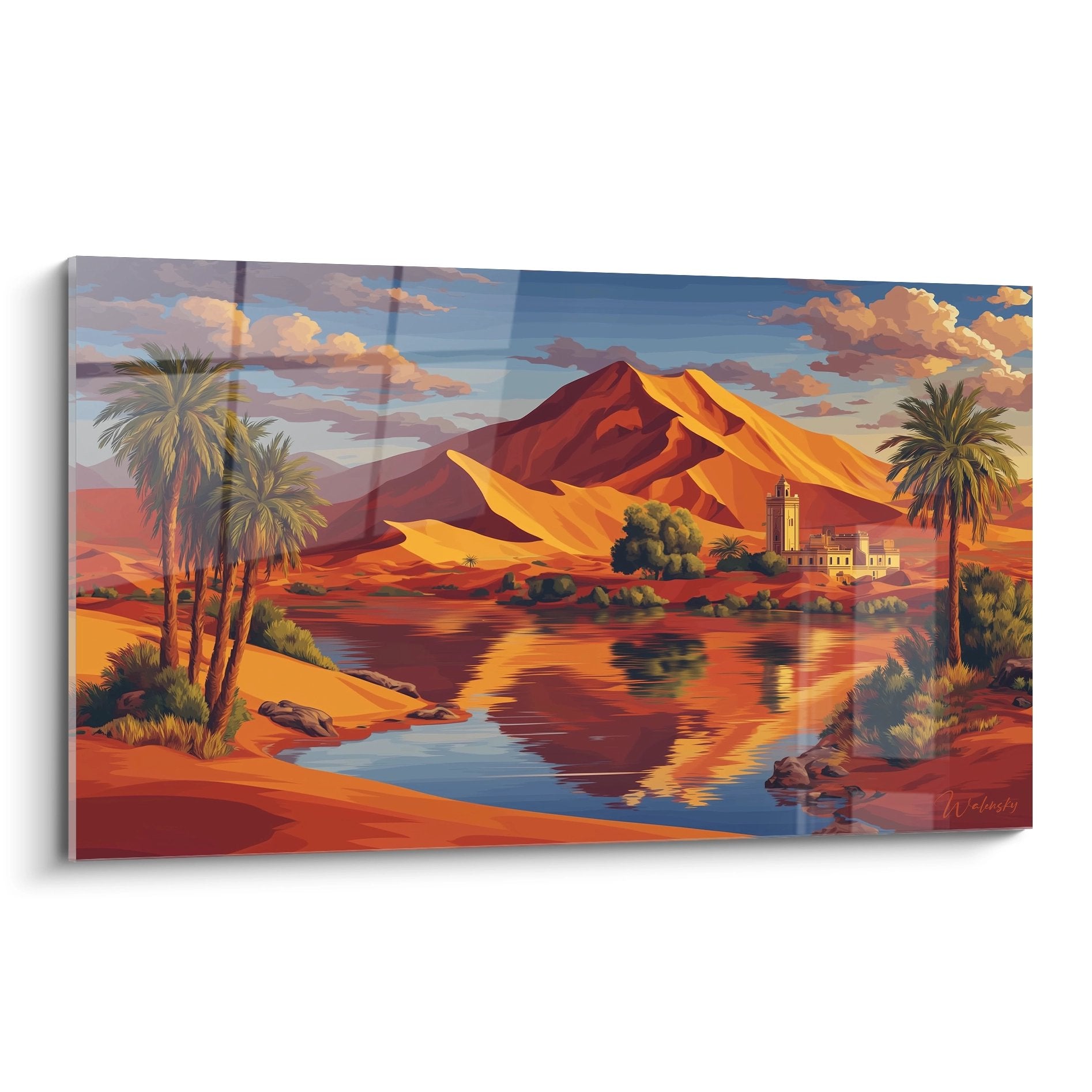 Tableau oasis désert avec palmiers, architecture orientale et reflets dorés sur l'eau au coucher du soleil