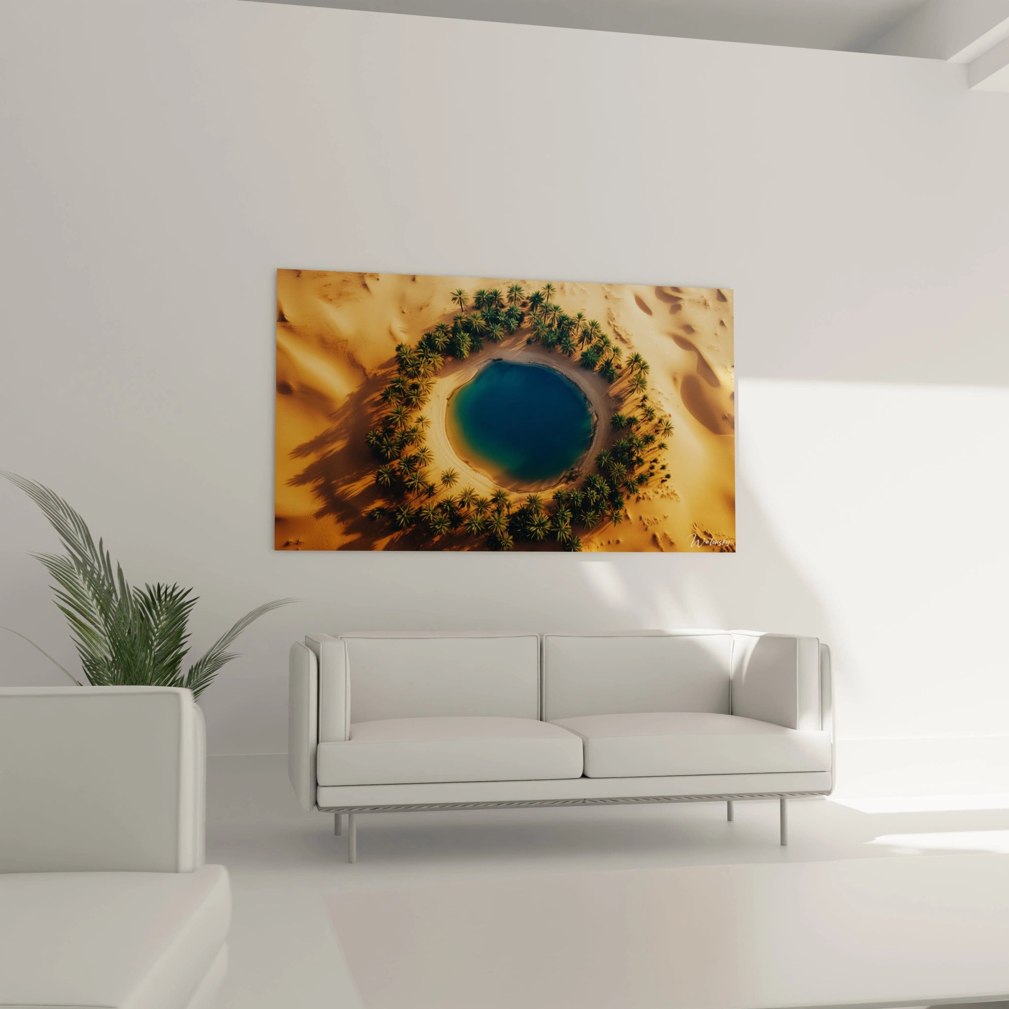 Un tableau paysage capturant une vue aérienne d’une oasis isolée, où le sable ondulé beige et doré entoure une étendue d’eau foncée, reflétant la lumière. La texture du sable est lisse et uniforme.