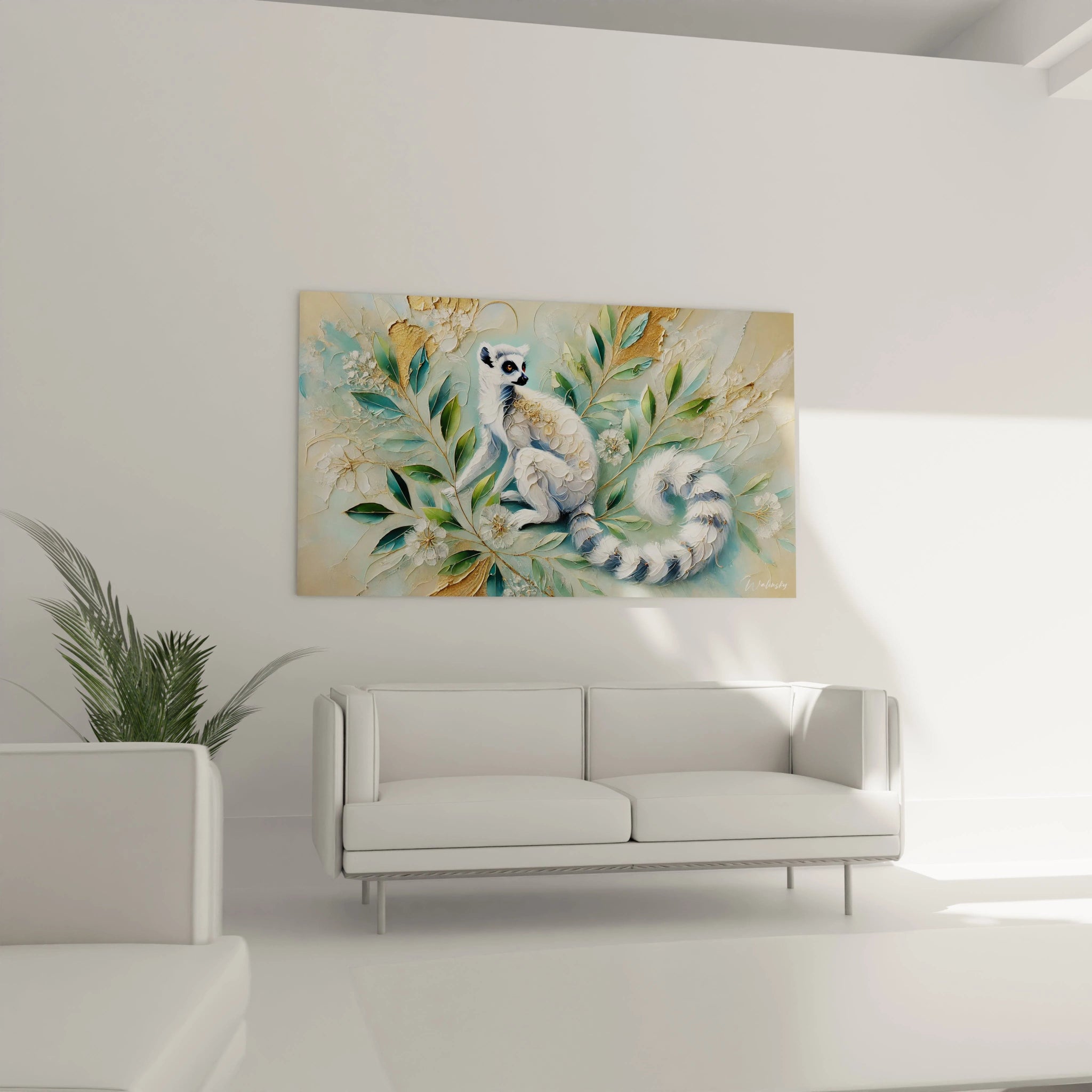 Ce tableau lemurien rehausse votre salon avec son melange de realisme et d'abstraction. Accroche au-dessus du canape, il evoque la beaute de la nature tropicale et invite a la contemplation.