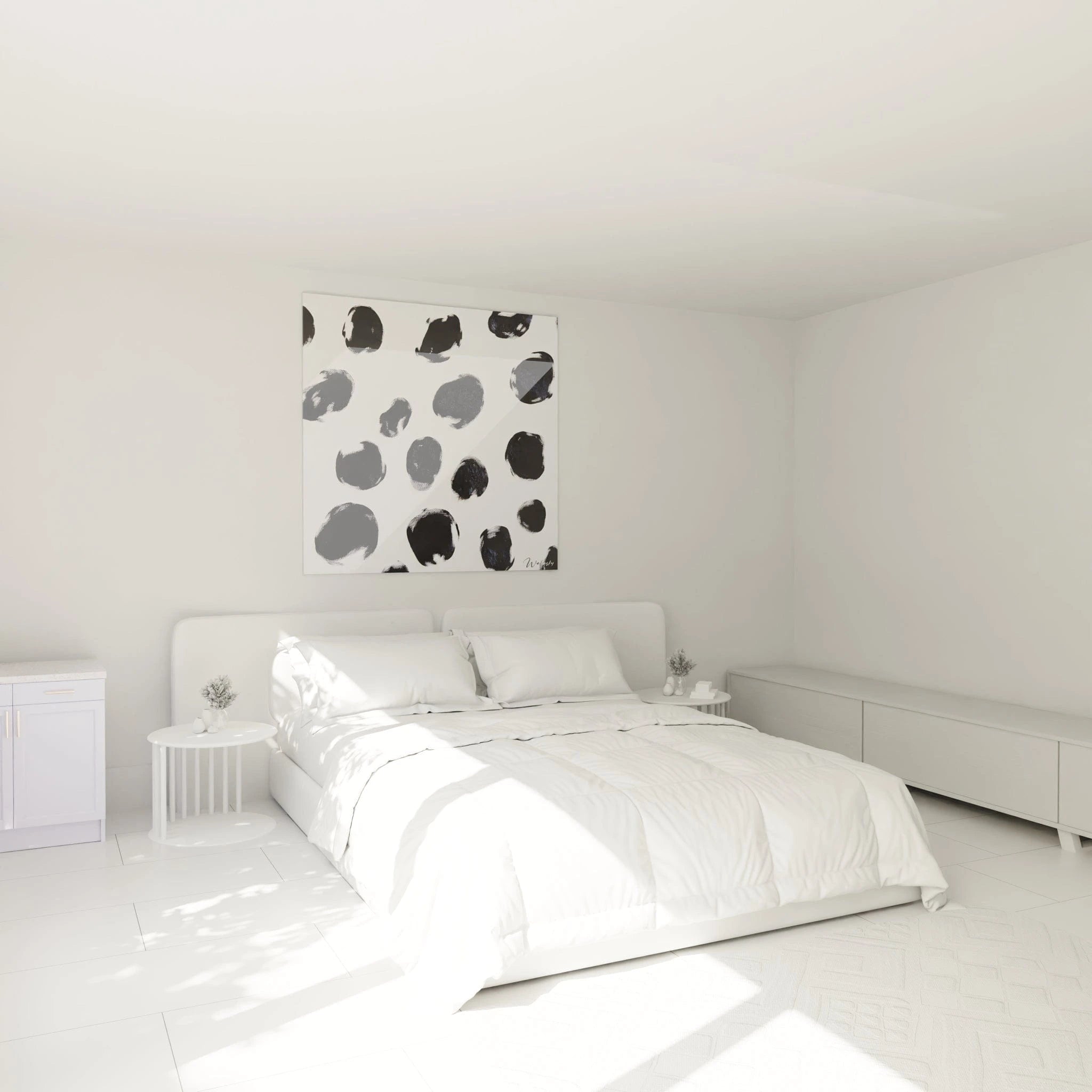 Tableau tacheté noir et blanc de Walensky décorant une chambre moderne et lumineuse