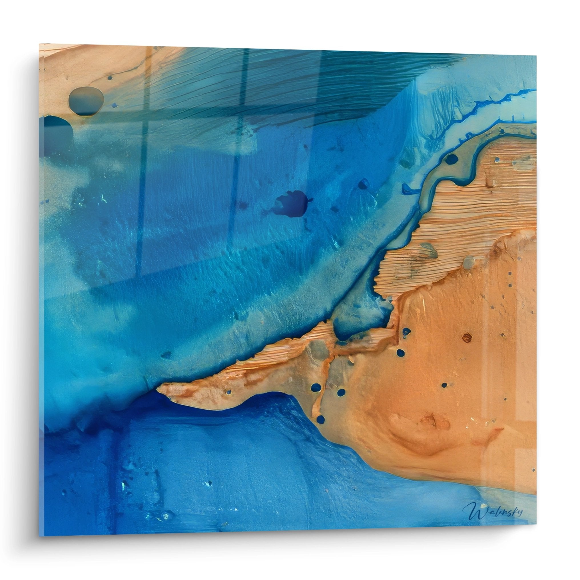 Tableau océan abstrait aux vagues bleues et dorées, art mural moderne texture fluide