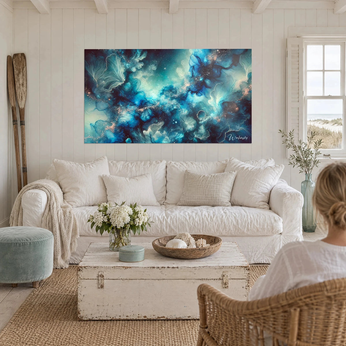 Wall art abstract turquoise and coral nebula, swirling ink, above a sofa in a bright living room