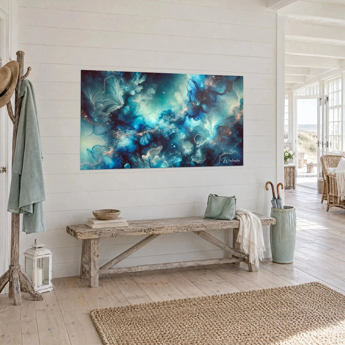 Wall art marine cosmos in flowing cyan and navy inks, copper glitter, hung at an angle above a rustic bench