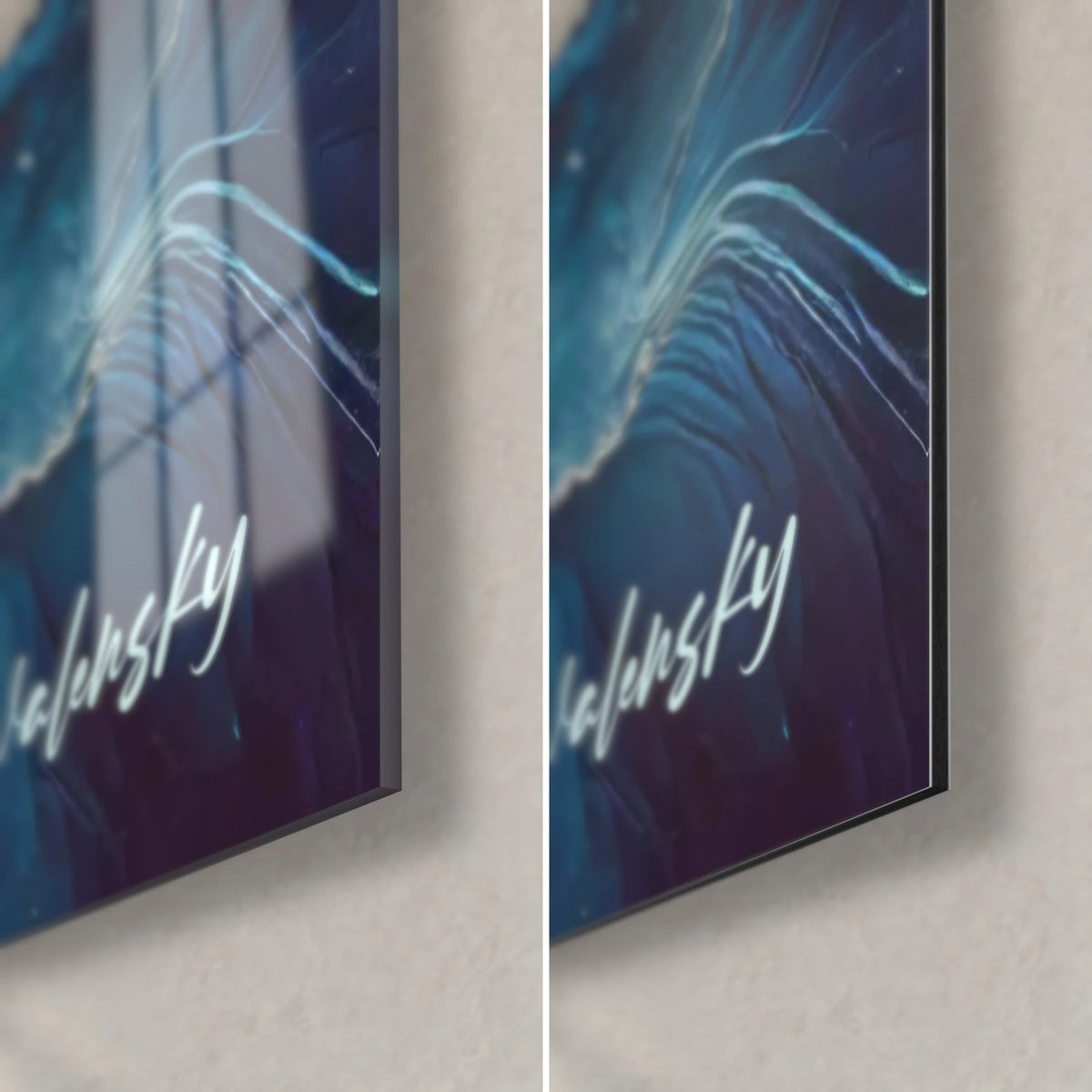 Wall art celestial ocean with midnight blue ink streaks, white signature, glossy glass corner and matte Dibond, 3 mm edge