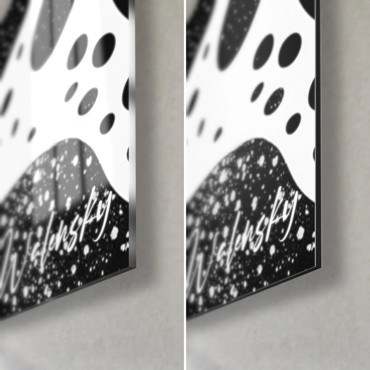Wall art black spots dusted with white stars, Walensky signature, bottom right corner in glossy glass and matte Dibond