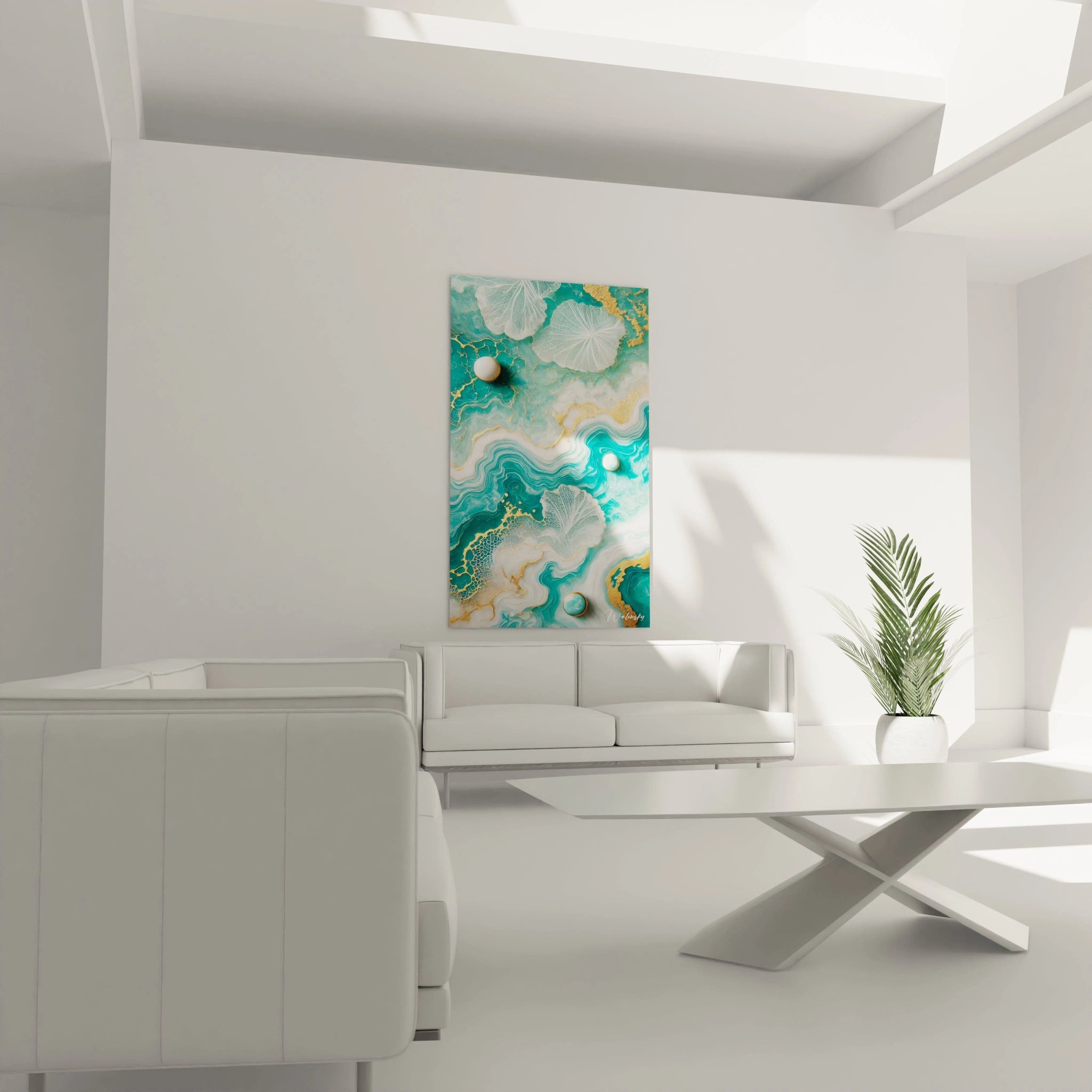 Tableau style epoxy accroché au-dessus du canapé, ses formes organiques et ses couleurs apaisantes créent une atmosphère sereine, évoquant l'immensité de l'océan et la beauté des courants marins.
