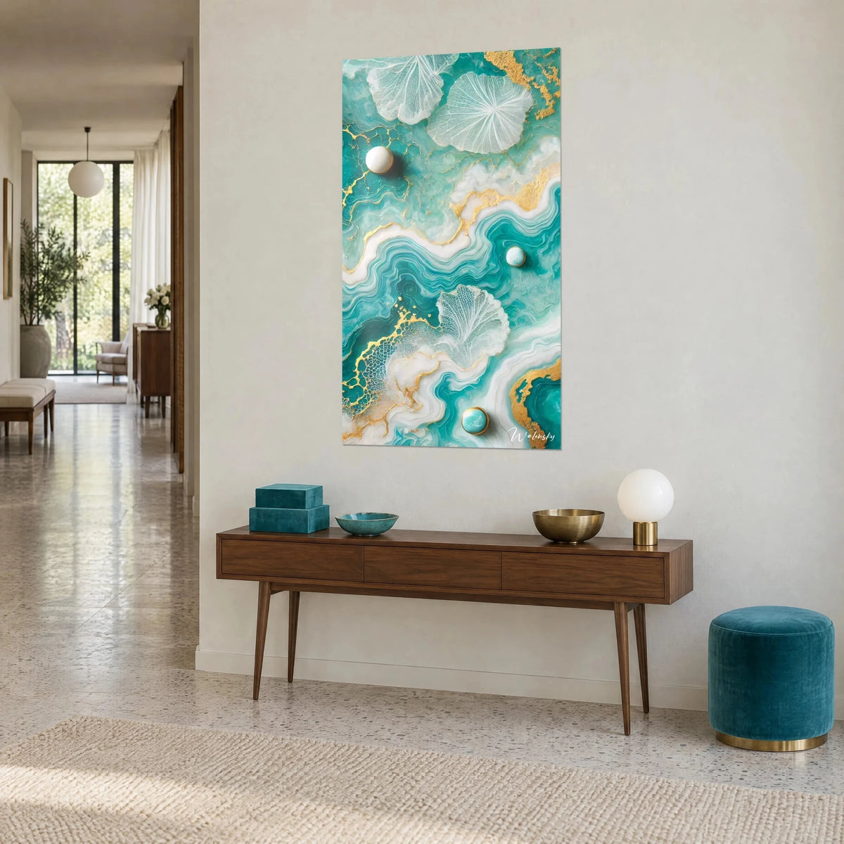 Wall art with turquoise and ivory epoxy waves, gold lines and translucent seashells, on a beige wall beside a wooden console