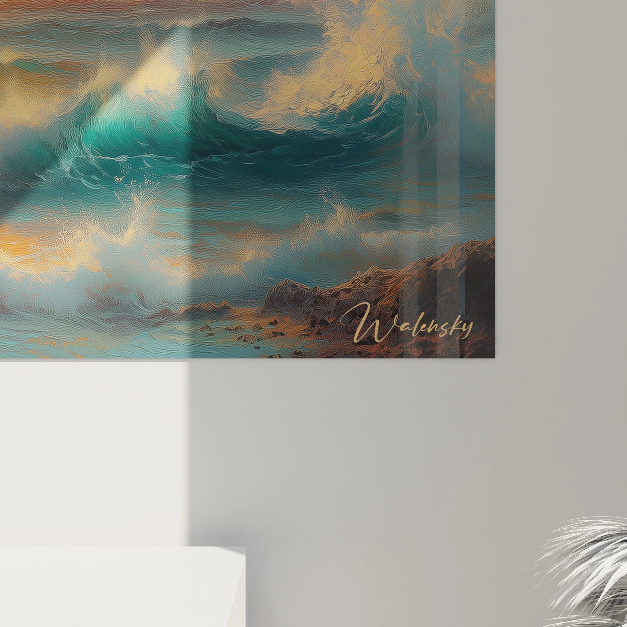 Tableau dépeignant un coucher de soleil océanique dramatique, rochers silhouettés contre ciel orangé, vagues turquoise écumantes et atmosphère lumineuse aux textures impressionnistes.