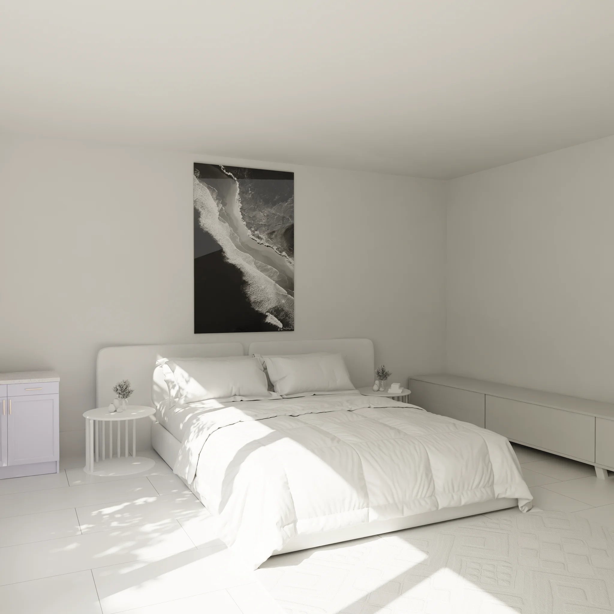 Tableau paysage marin noir et blanc installé dans chambre moderne ambiance côtière apaisante