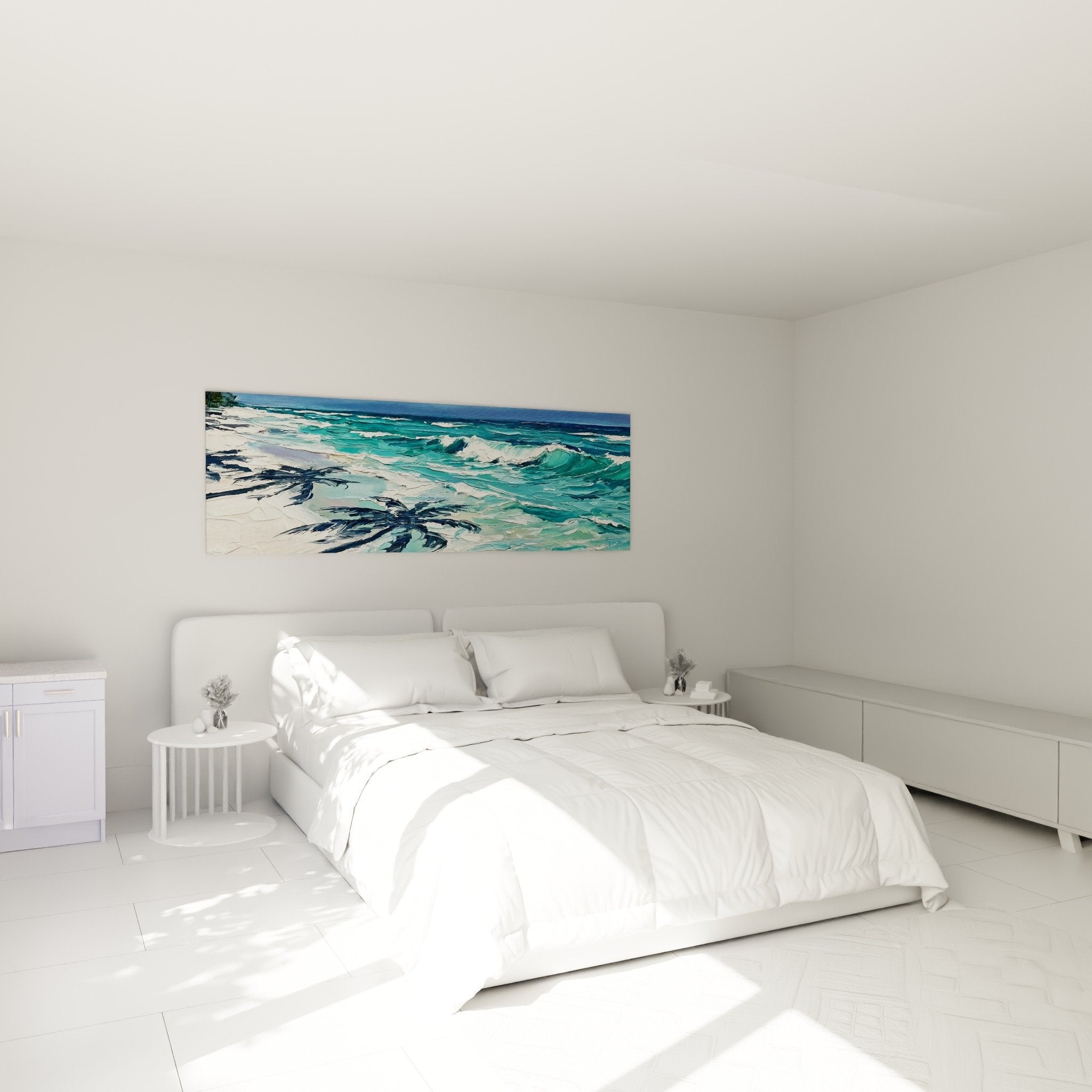 Tableau ocean turquoise au dessus lit chambre decoration tropicale zen Bali